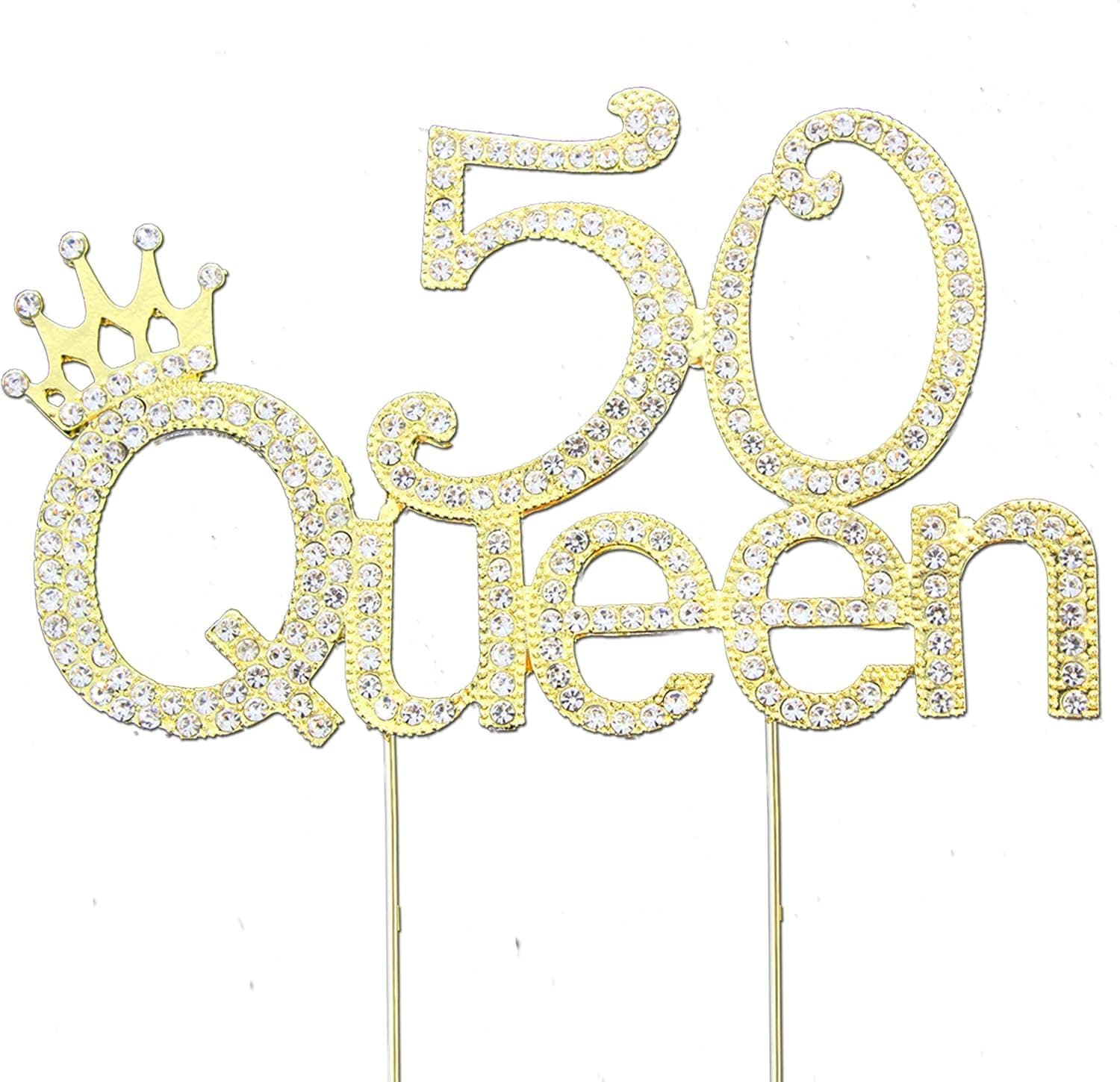 Glitter Crystal Gold Queen 50 Cake Topper | Happy 50th Birthday Rhinestone Diamond Bling Sparkle Gem Monogram Number Party Favor Decoration Idea Perfect Keepsake. (Queen 50 Gold)