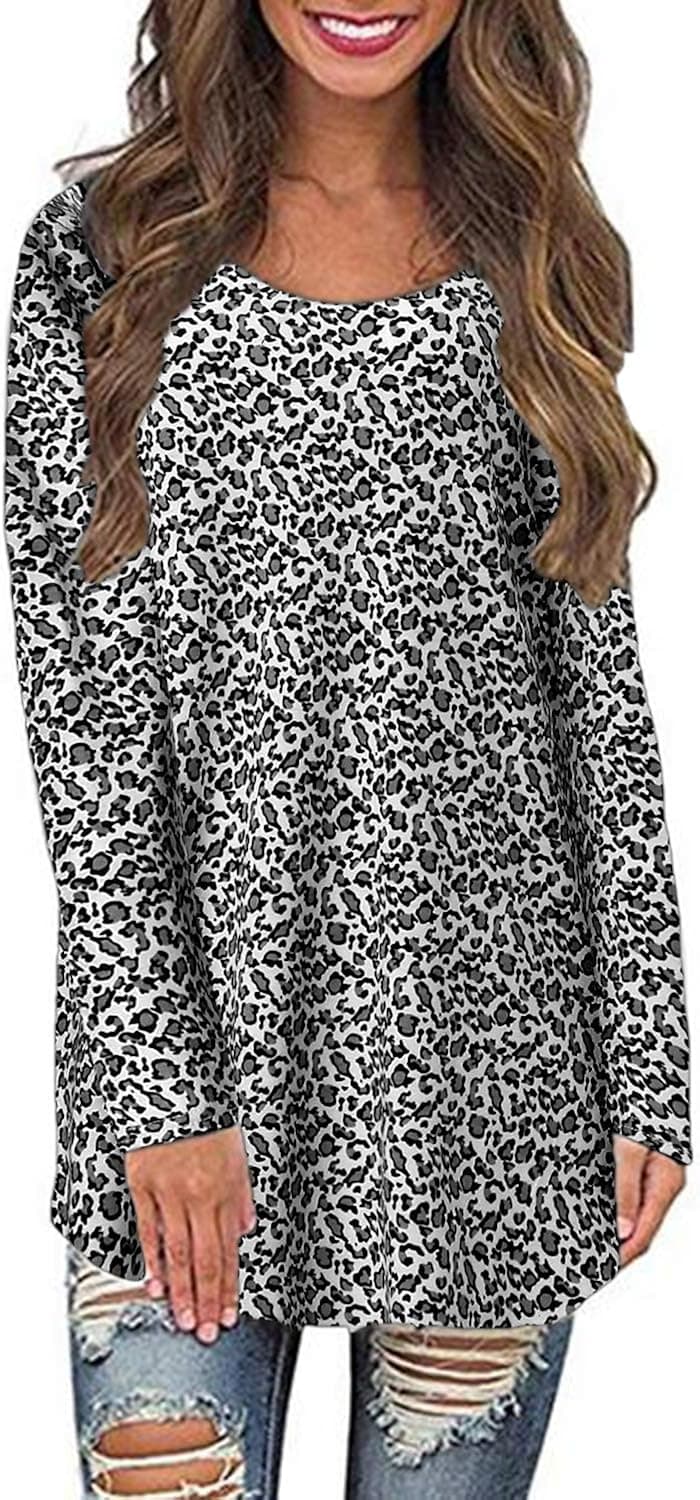 SUNNYME Womens Long Sleeve Shirts Leopard Print Tops Casual Loose Basic Tee Tunics Sweatshirts C-Grey Medium