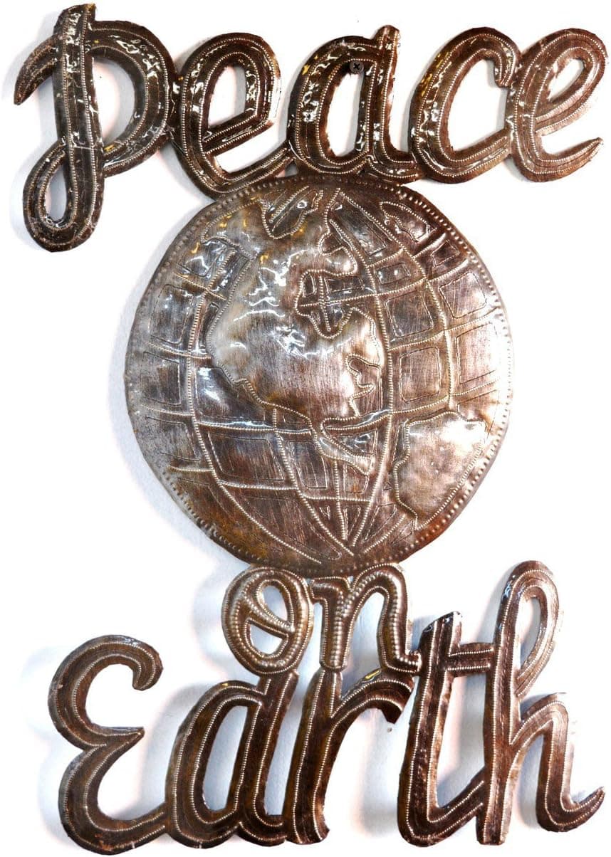 Peace on Earth Wall Sign, Haitian Steel Drum Art, 14 In. x 19.5 Inches