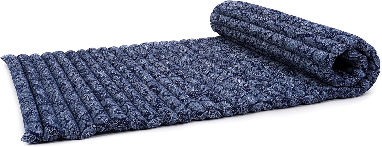 LEEWADEE Rollable Floor Mat M – Comfortable and Rollable Thai Mattress, Soft Massage Mat Filled with Eco-Friendly Kapok, Perfect to Use as a Sleeping Mat 75 x 28 inches, Blue White