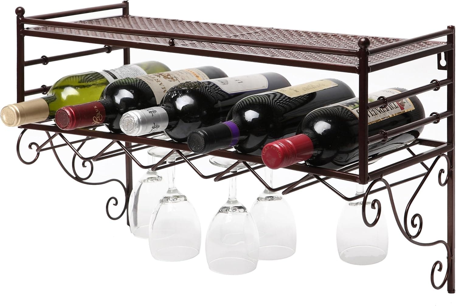 MyGift Wall Mounting Classical French Style Wine Bottle and Wine Glass Storage Organizer Rack with Top Shelf