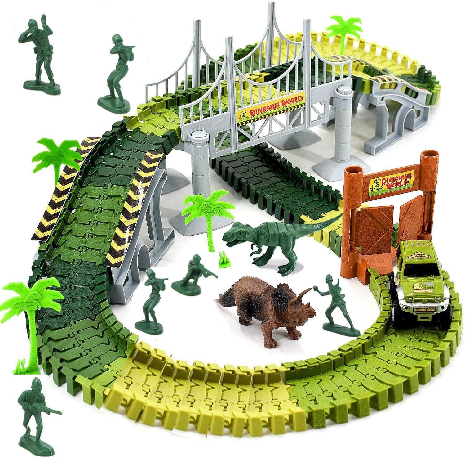 Wangday Dinosaur Car Race Train Track Toys, 142 Piece Tracks and 2 Dinosaurs