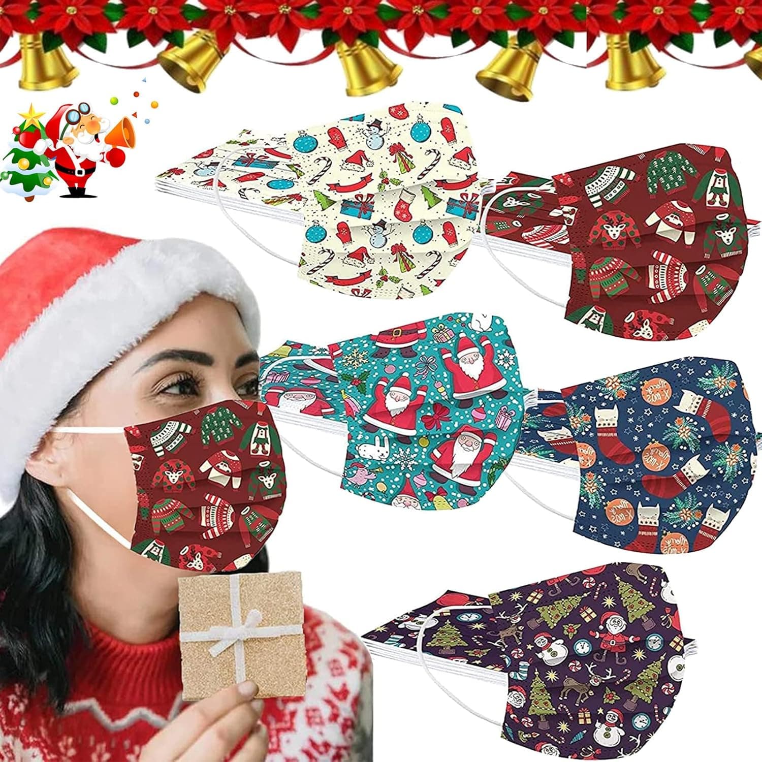 50PC Adults Christmas Disposable Adjustable Face_Masks FaceMask Breathable Cute Cartoon Facecover Design