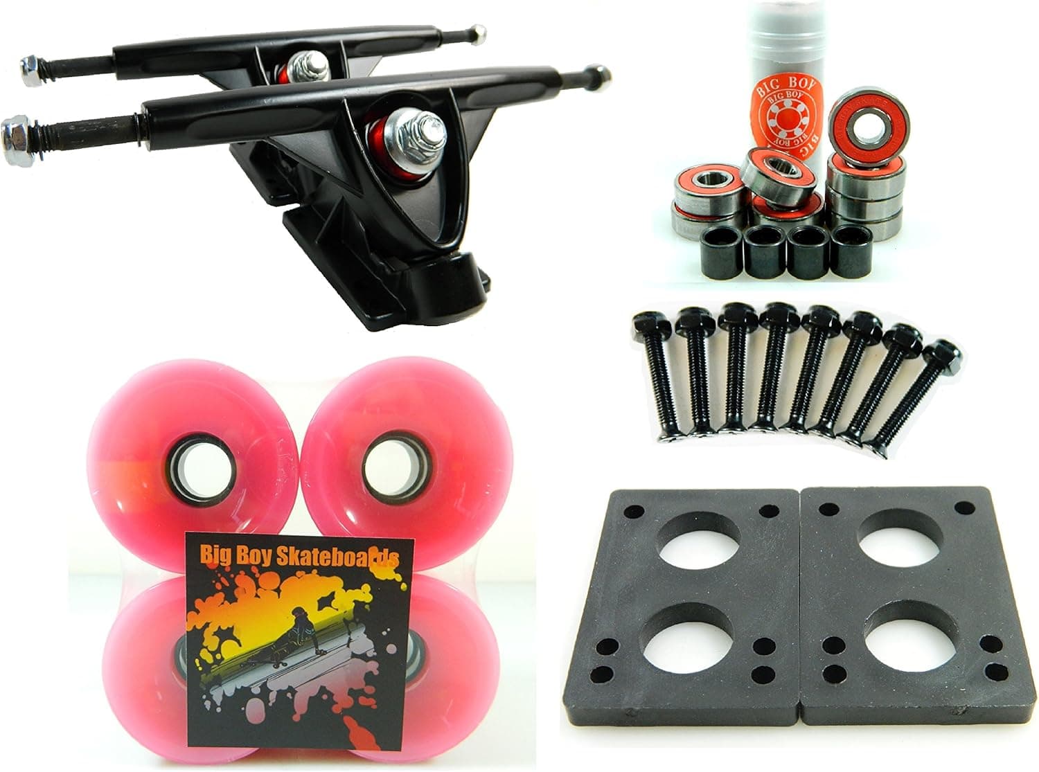 BIG BOY 2 Sets 180mm Black Longboard Trucks + 70mm Pink Wheels