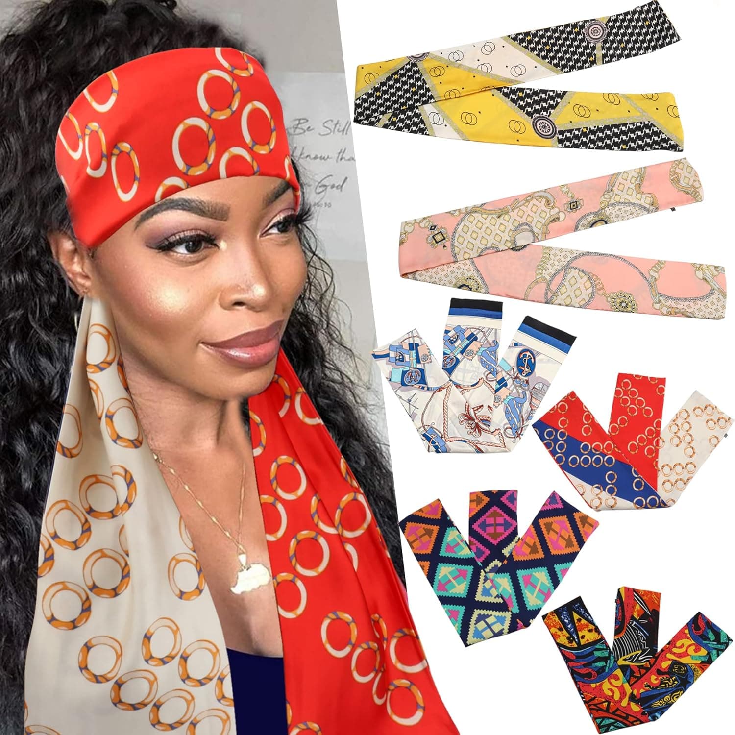 6 Pieces Satin Edge Laying Scarf for Lace Wigs Double Sided Satin Headwrap Scarf Tie Non Slip Headband Scarf for Hair Wrapping At Night Silky Headband for Makeup Wig Hat Yoga Sport Handbags (Set 02)