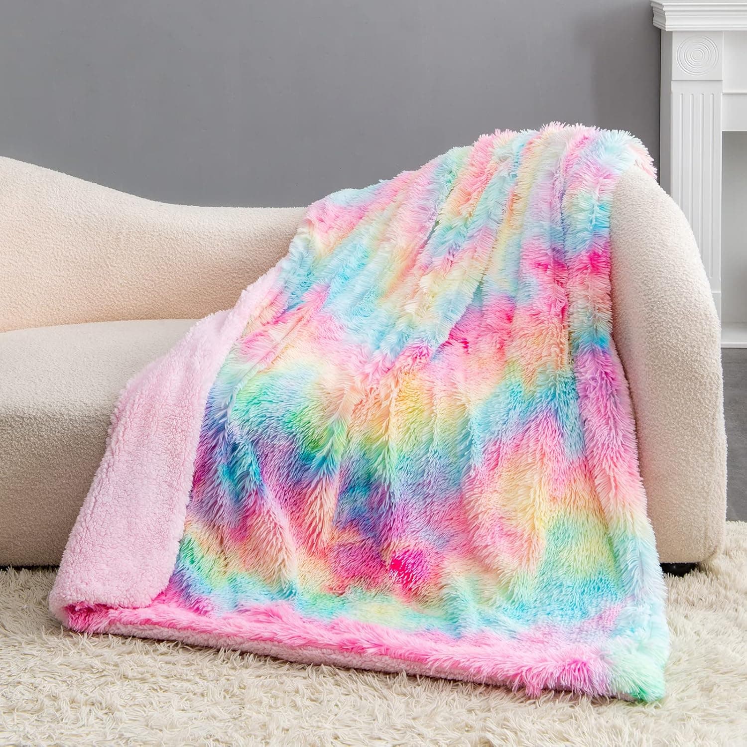 BOBOR Faux Fur Throw Blanket, Tie Dye Rainbow Sherpa Fleece Fluffy Blanket for Girls, Super Soft Fuzzy Plush Cozy Lightweight Decorative Blankets for Couch Sofa Bed (Rainbow, 50"x60")