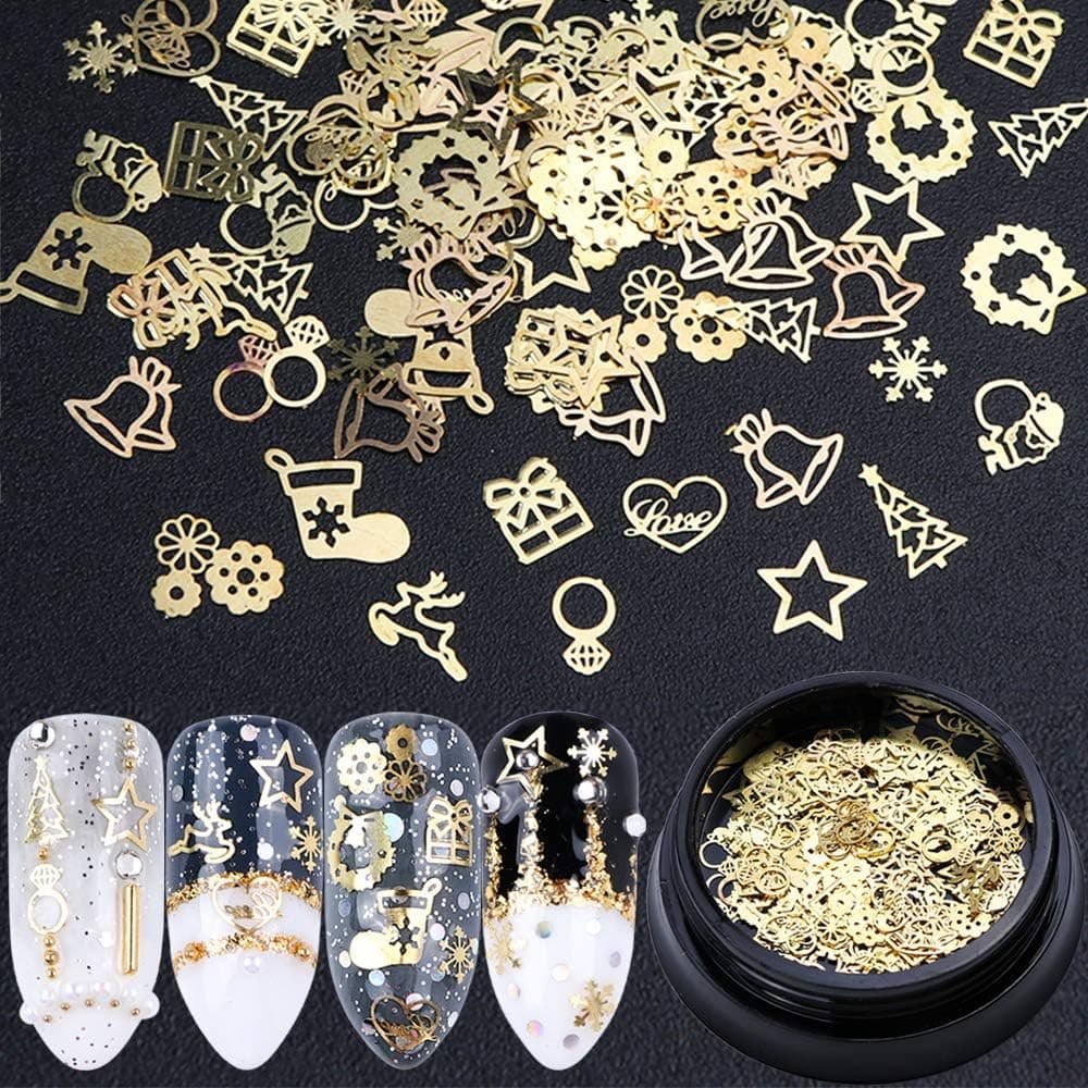 Christmas Nail Decoration Accessories 3D Gold Sequins Box Mix Design Ring Bell Elk Snowflake Metal Flakes Glitter Tips Set