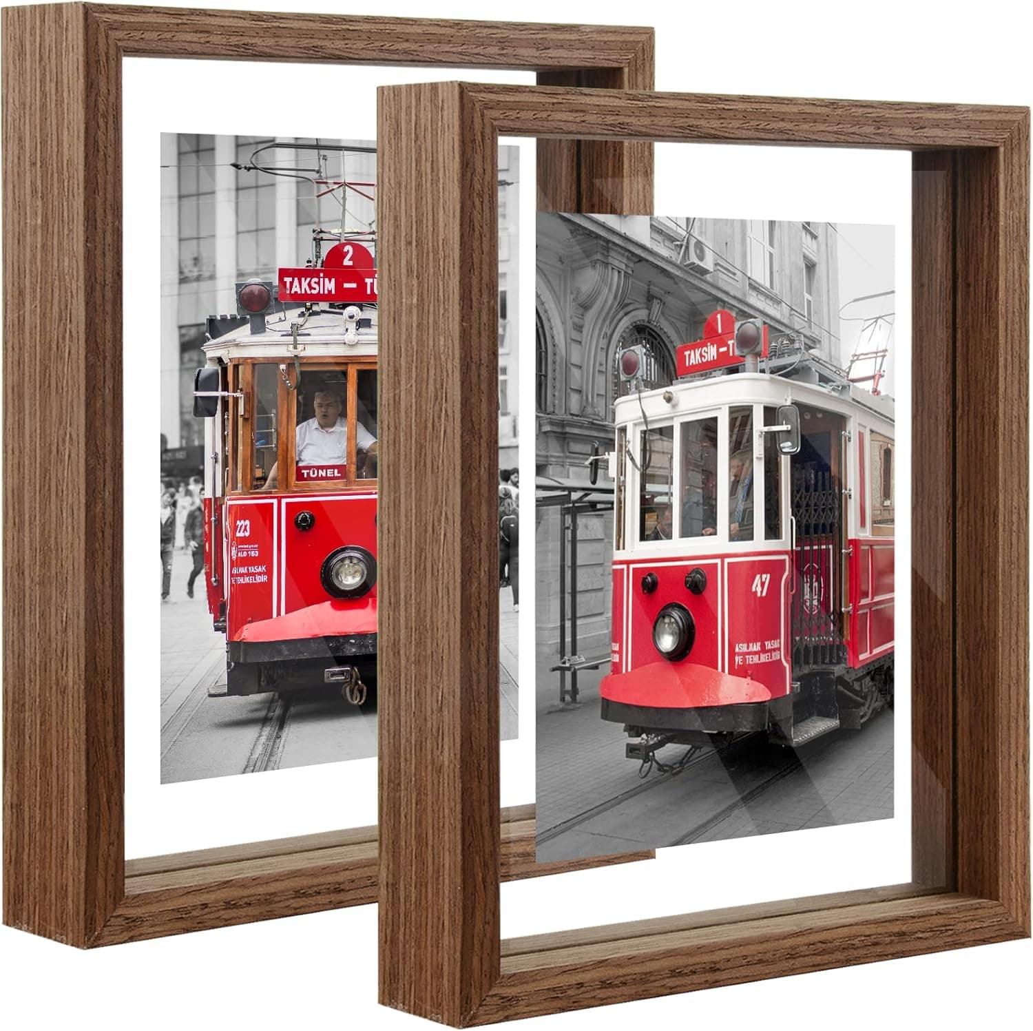 HappyHapi 11x14 Floating Frame, Floating Picture Frames 11x14, Double Side Glass Floating Frames Display to 8x10 5x7 4x6 Photos for Tabletop Wall Mount, Walnut Brown 2 Pack