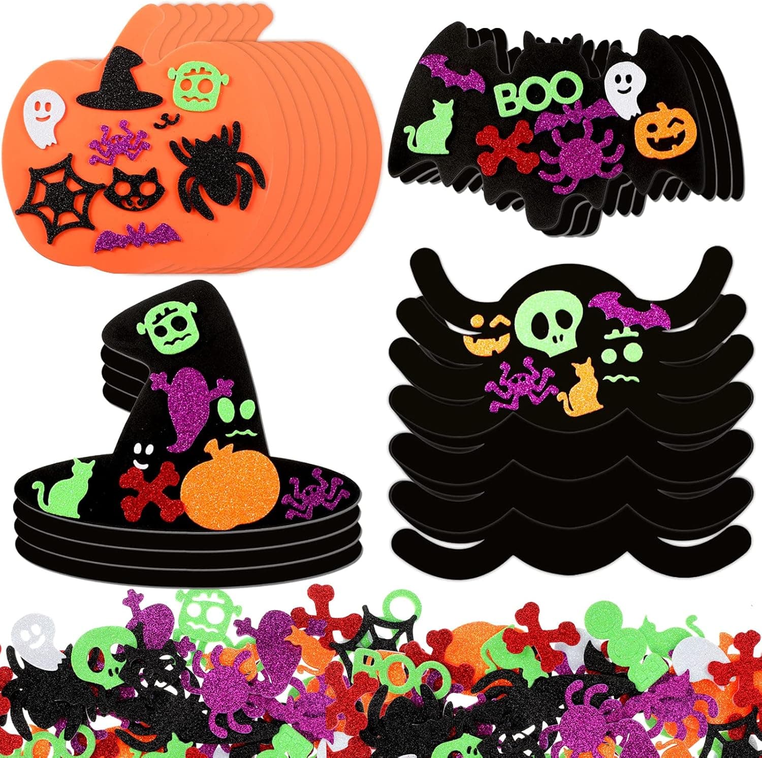 Chuangdi Halloween Foam Pumpkin, 220 PCS Glitter Halloween Craft Stickers Kits Halloween Kids DIY Craft Self Adhesive Bats Spiders Cats Witch Hats Stickers for Trick or Treat Party Favors