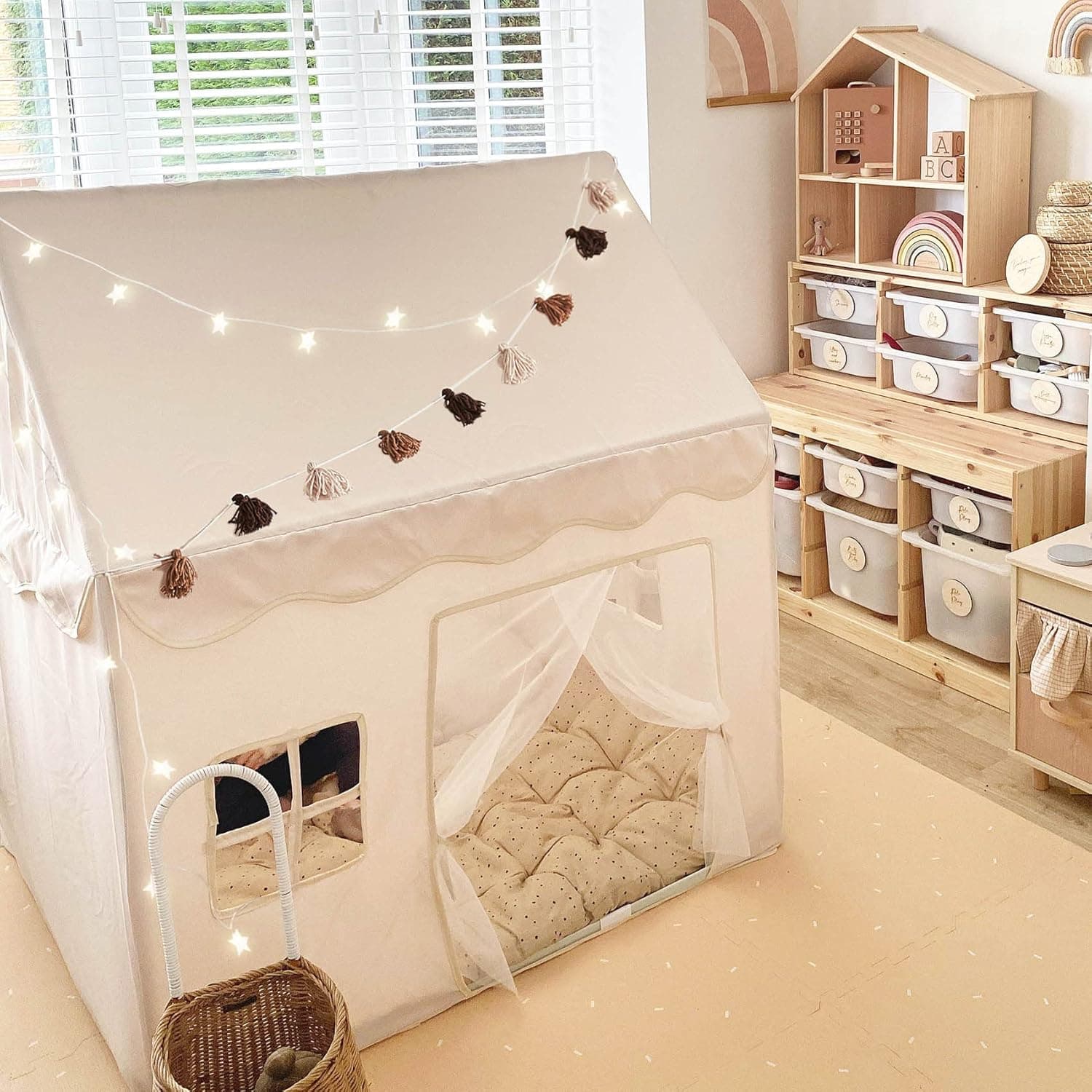 Play Tent with Star Light & Floor Piece Kids Tent Playhouse for Kids Indoor Teepee Tent for Toddler Toys for Boys Girls Neutral Play Room Furniture little dove Two Windows