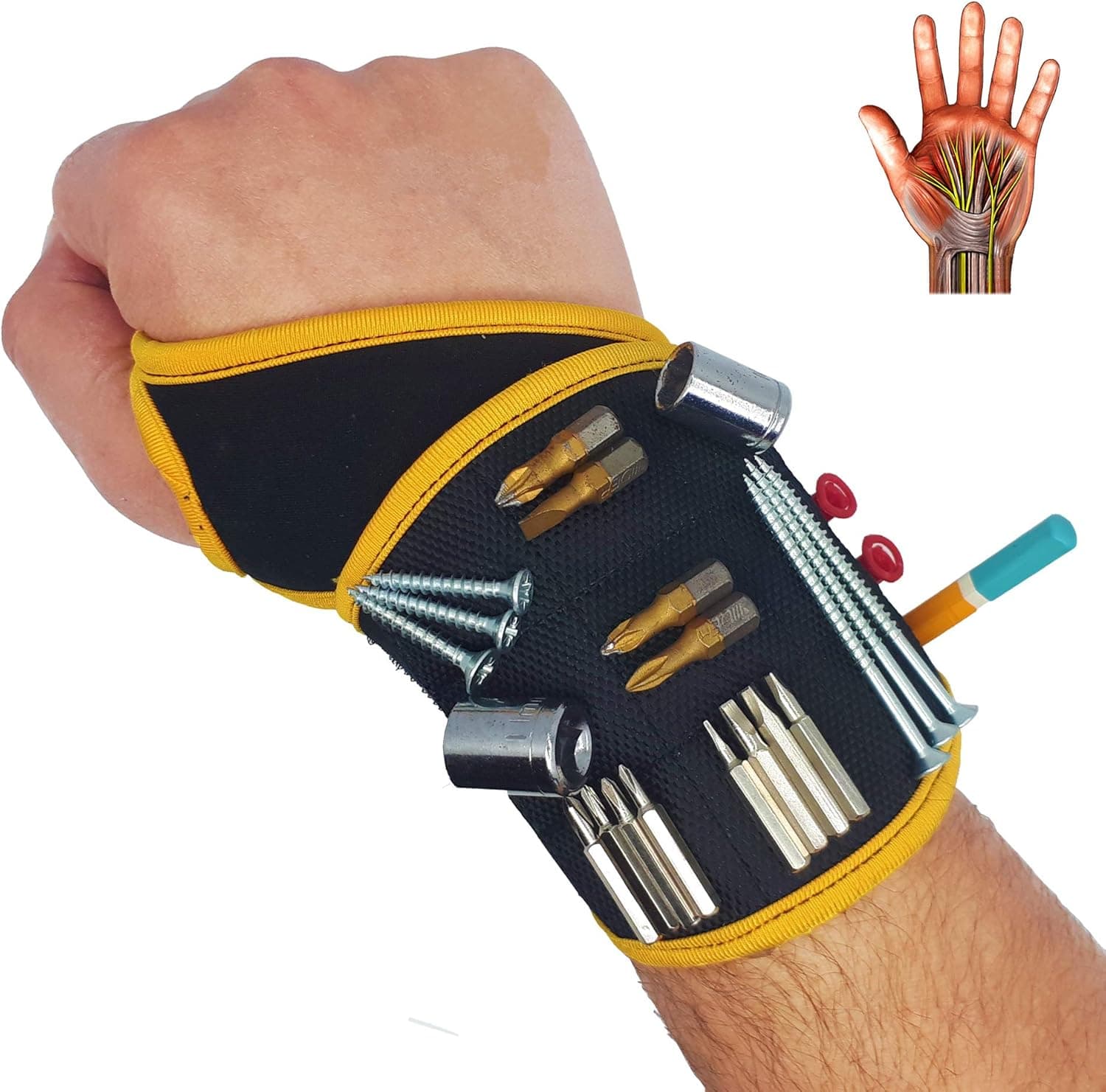 BINYATOOLS Magnetic Wristband -Black- with Super Strong Magnets Holds Screws, Nails, Drill Bit. Unique Wrist Support Design Cool Handy Gadget Gifts for Fathers, Boyfriends, Handyman, Electrician