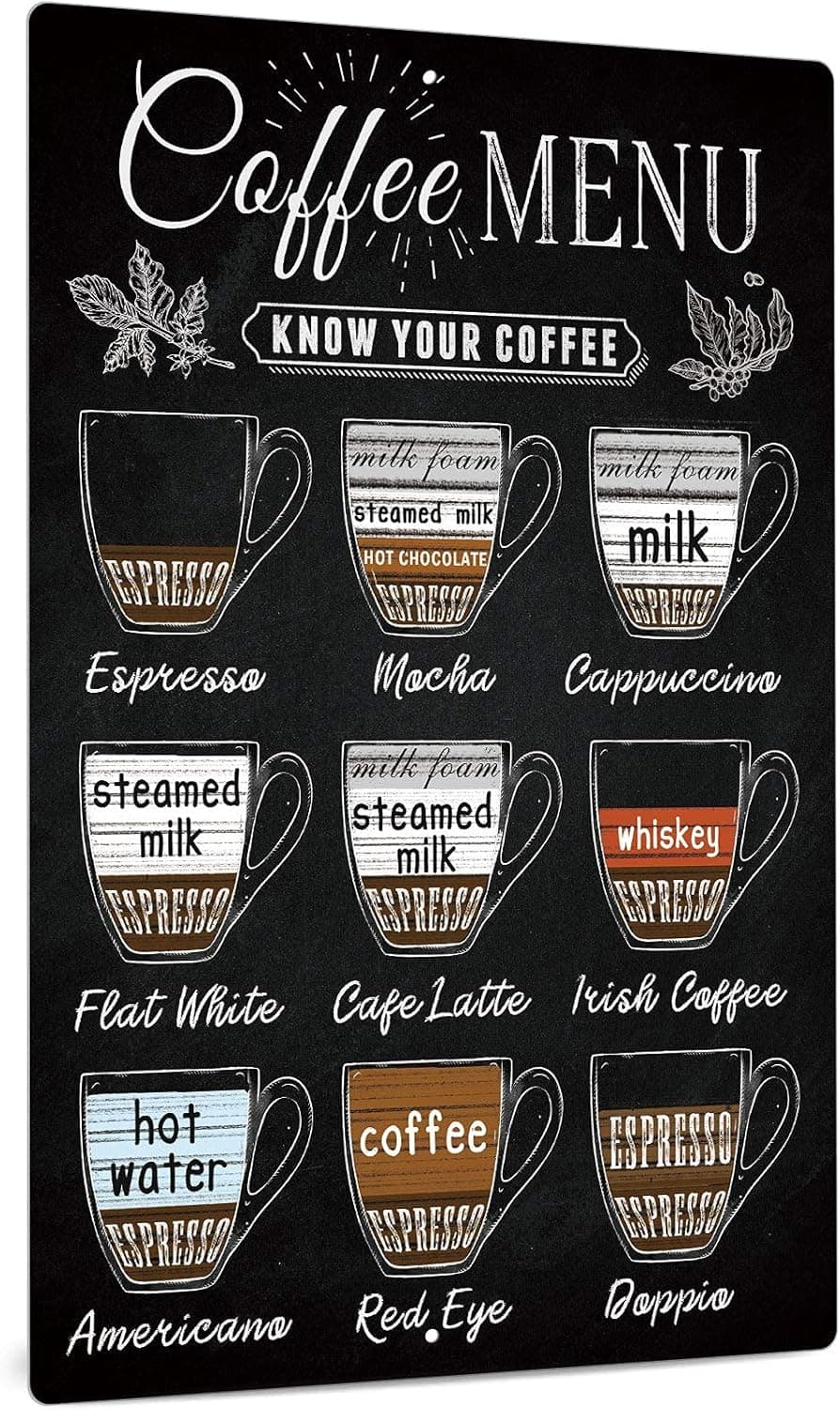 Putuo Decor Coffee Bar Sign, Vintage Coffee Menu Wall Decor, 12 x 8 Inches Aluminum Metal Sign for Bar, Restaurants, Cafes Pubs, Office, Kitchen, Home Coffee Station