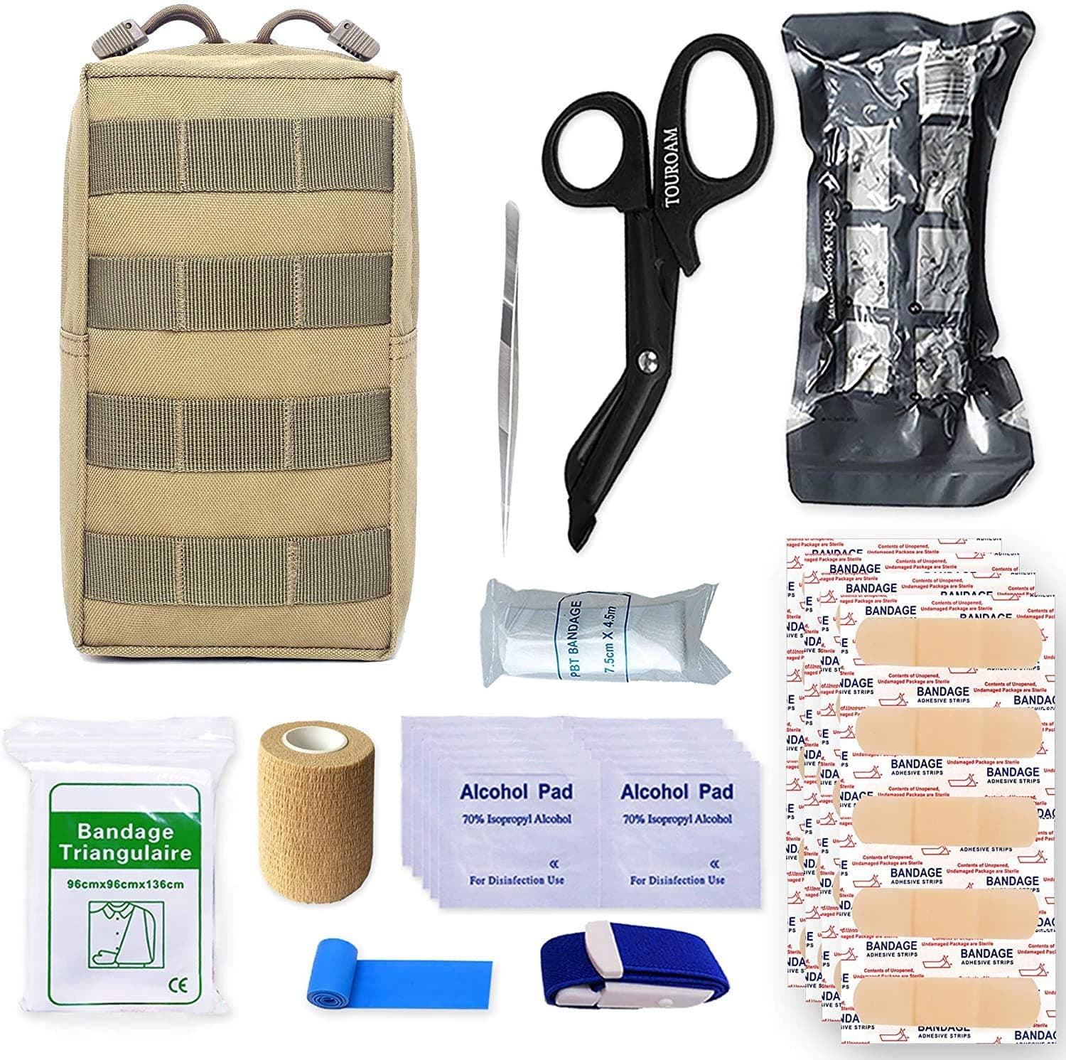 Molle Trauma First Aid Pouch - EDC IFAK Tactical Med Kit, Wilderness Survival Bug Out Supplies Bag, EMT Safety Kit with Israeli Bandage, Tourniquet, for Emergency Car Outdoor Kayak Boat Hunting Rescue