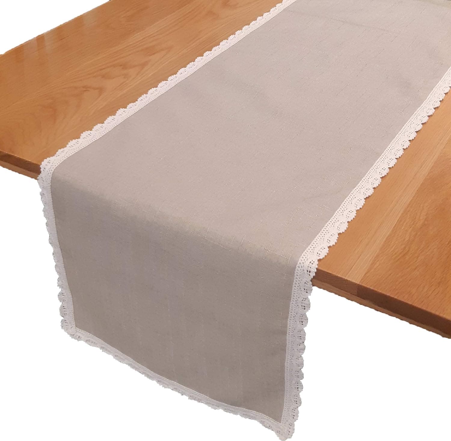 MY TRENDY Kitchen Handmade Gray Table Runner 14 x 72 Inches - Modern Linen Polyester for Any 4, 6 or 8 Seated Dining Table - Hand Stitched Tabletop Decoration and Protection with White Lace