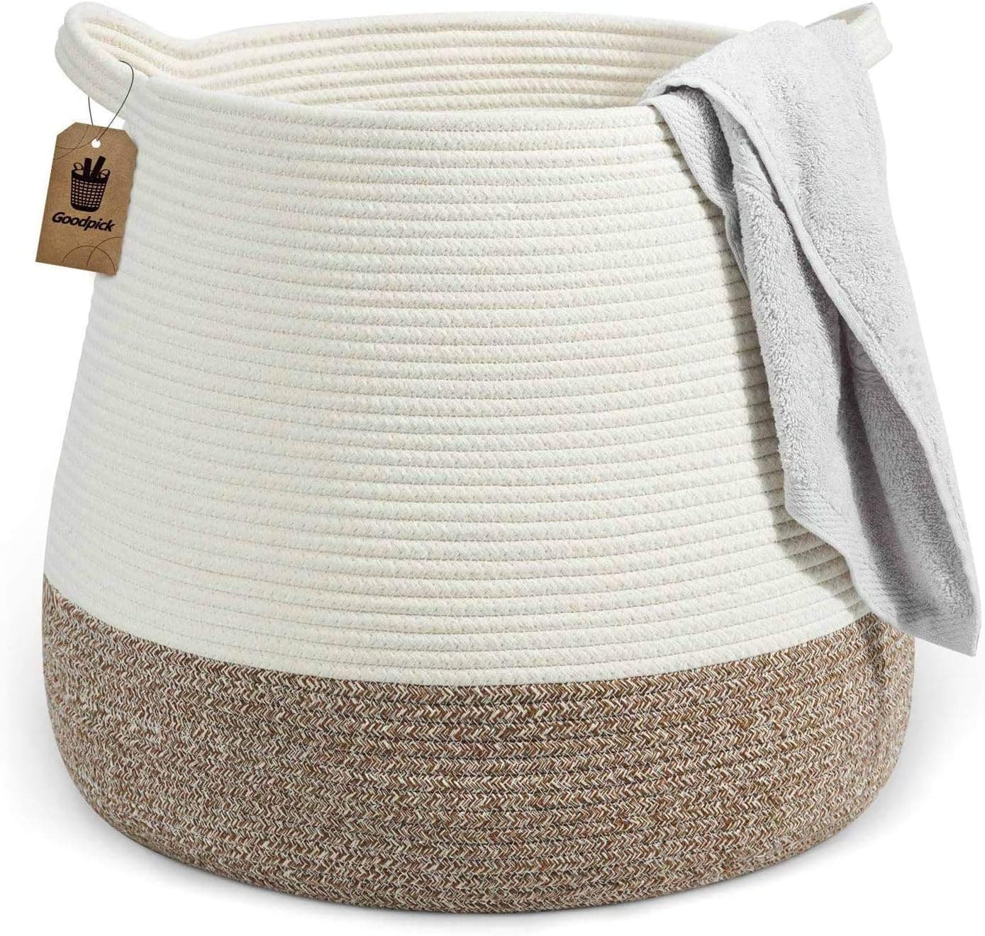 Goodpick Wicker Basket | 17.71" x 17.71”Boho Laundry Basket Storage Basket for Toys, Towels, Blankets Farmhouse Weave Rope Basket