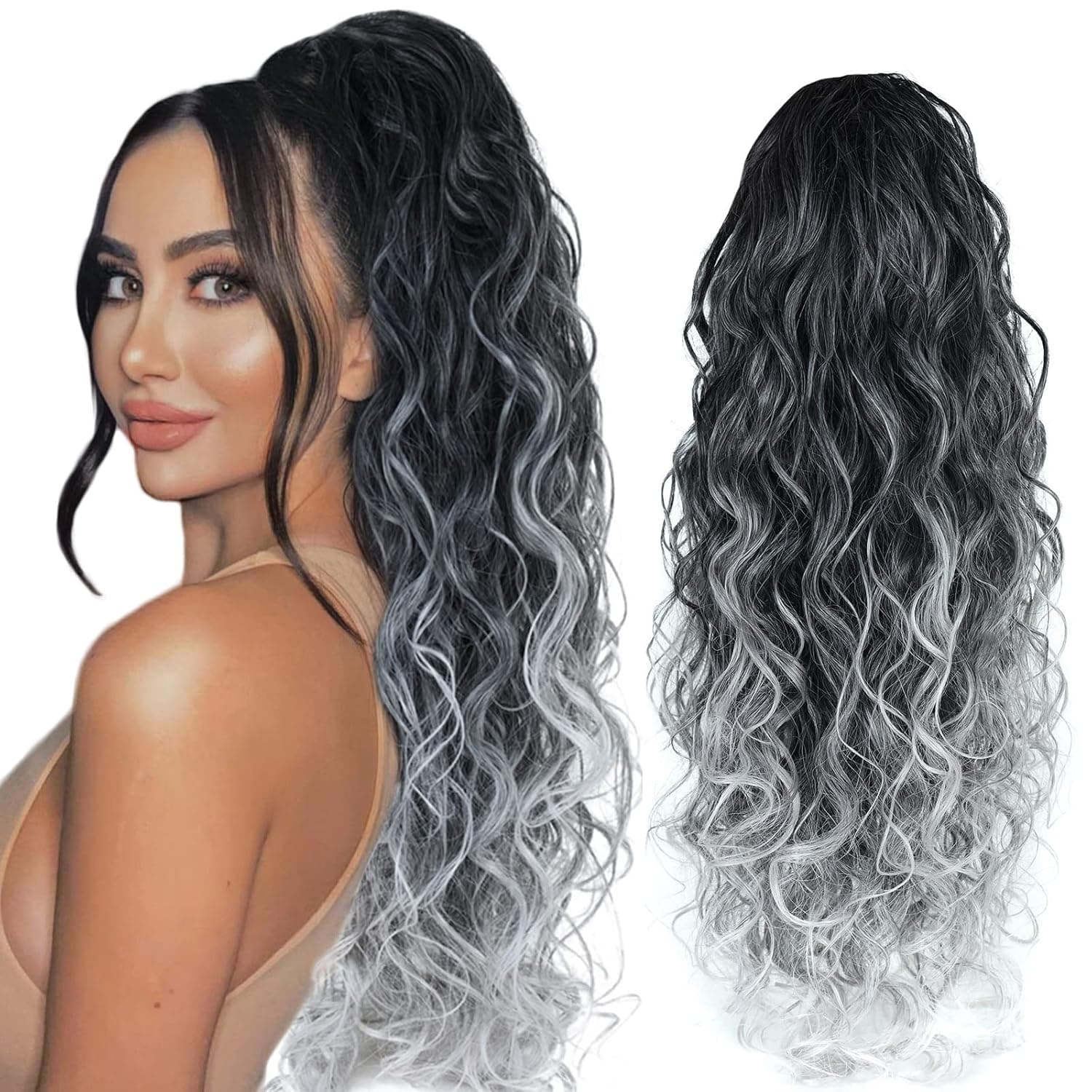 Fashion Icon Curly Wavy Ponytail Extension Clip In Wave Real Hair Black Ombre Gray Ponytail Drawstring Clip On Extensions Hair Body Weave Fake Pony tails Synthetic Hairpiece for Women 26 Inch