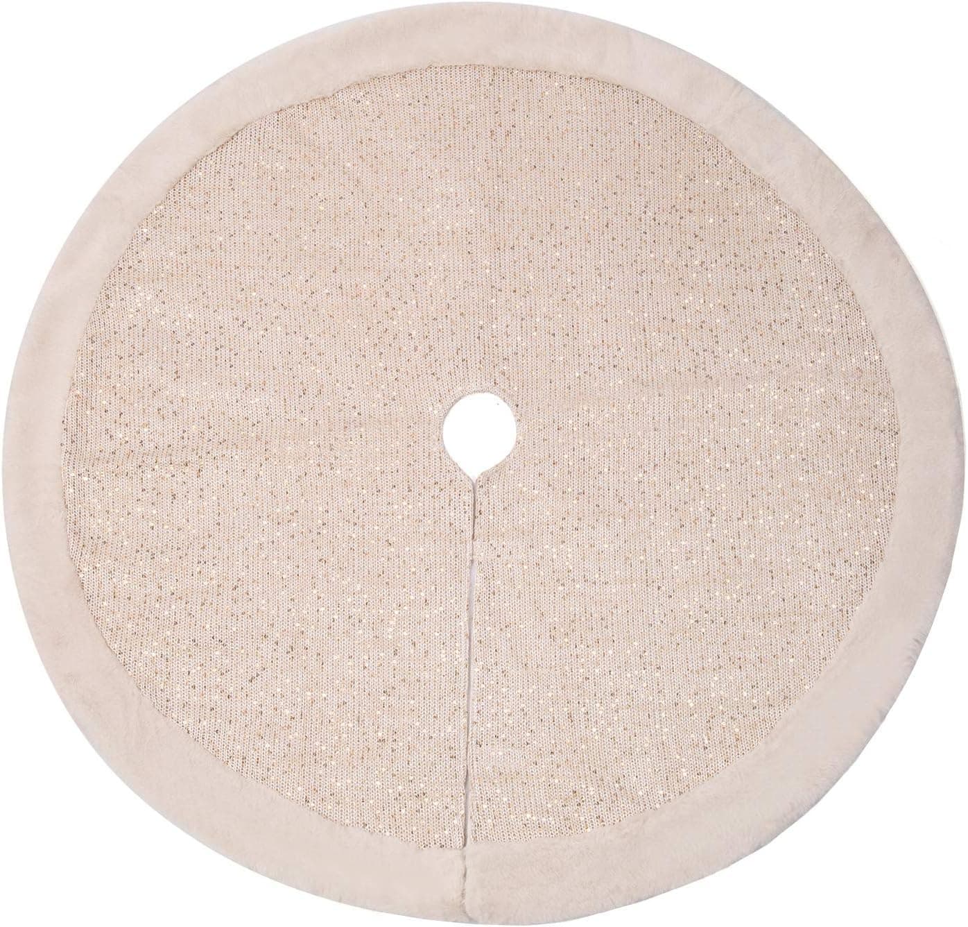 iPEGTOP Luxury Wool Christmas Tree Skirt, 38 inch Champagne Gold Super Soft Wool Knit Sequin Tree Skirt with Faux Fur for Holiday Christmas Decoration