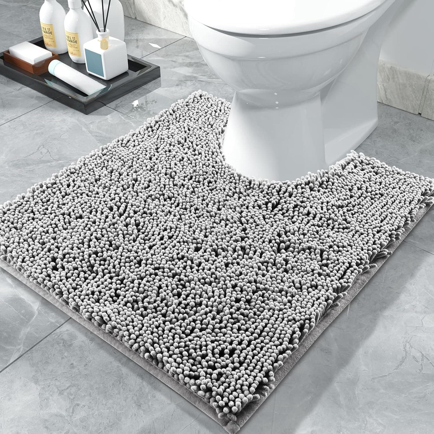 Yimobra Luxury Shaggy Toilet Bath Mat U-Shaped Contour Rugs for Bathroom, 24.4 X 20.4 Inches, Soft and Comfortable, Maximum Absorbent, Dry Quickly, Non-Slip, Machine-Washable,Grey