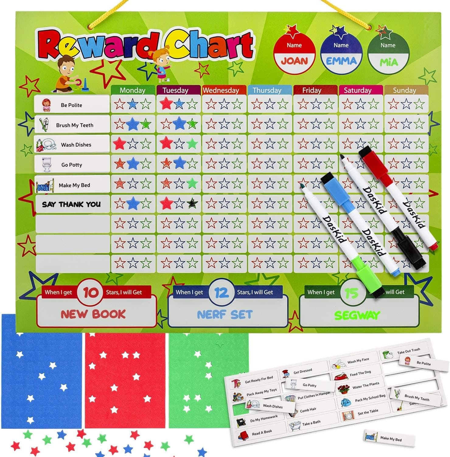 DasKid Magnetic Reward Chart Set w/20 Chores, 240 Stars & 4 Color Dry Erase Markers, 16" x 12"