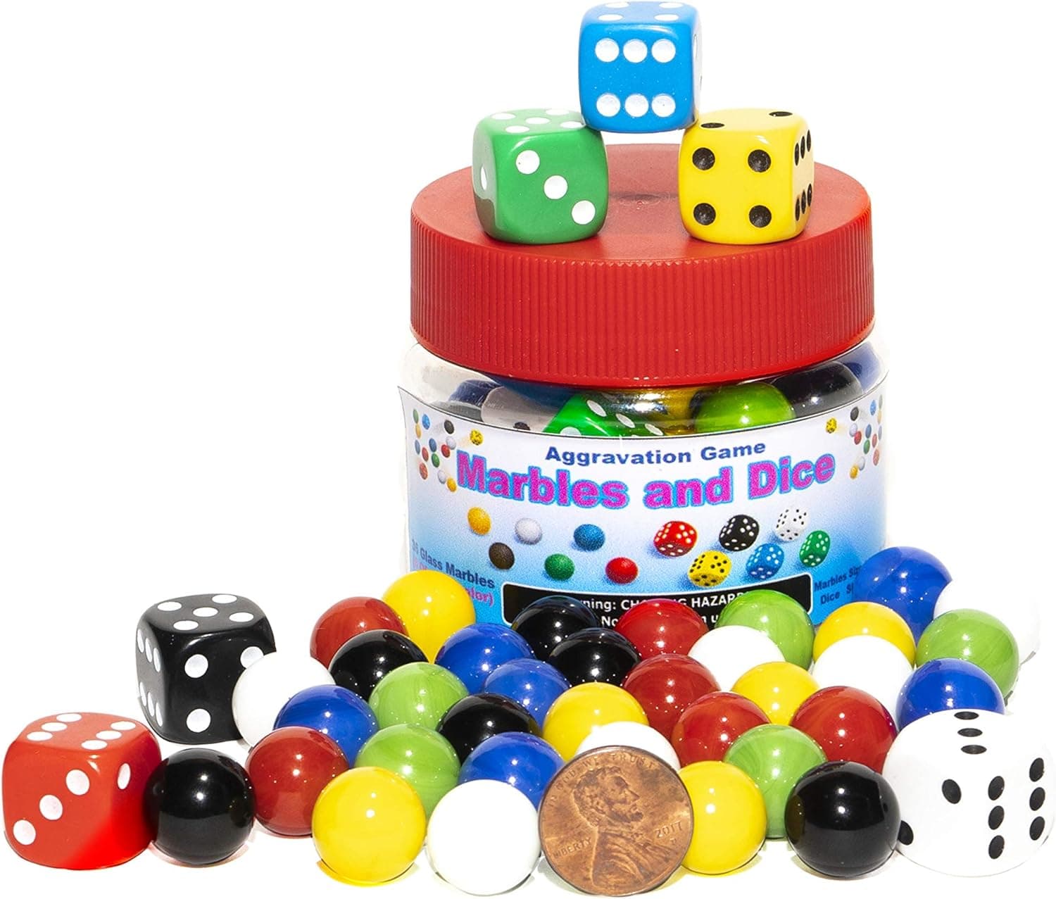 Super Value Depot Marbles and Dice for Aggravation Game, 36 Glass Marbles 9/16” (14mm), and 6 Colored Dice 5/8” (16mm)