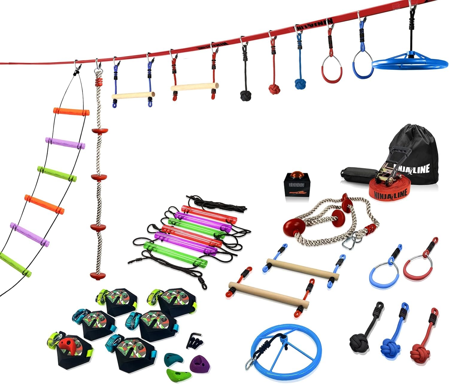 Slackers Pro Climber 56' Ninjaline Kit | Slackline Obstacle Course Kit | Ninjaline with Ninja Rope, Spinner Wheel, Tree Climbers, Multi-Color Bachar Ladder, Ninja Timer | Ninjaline Obstacle Course