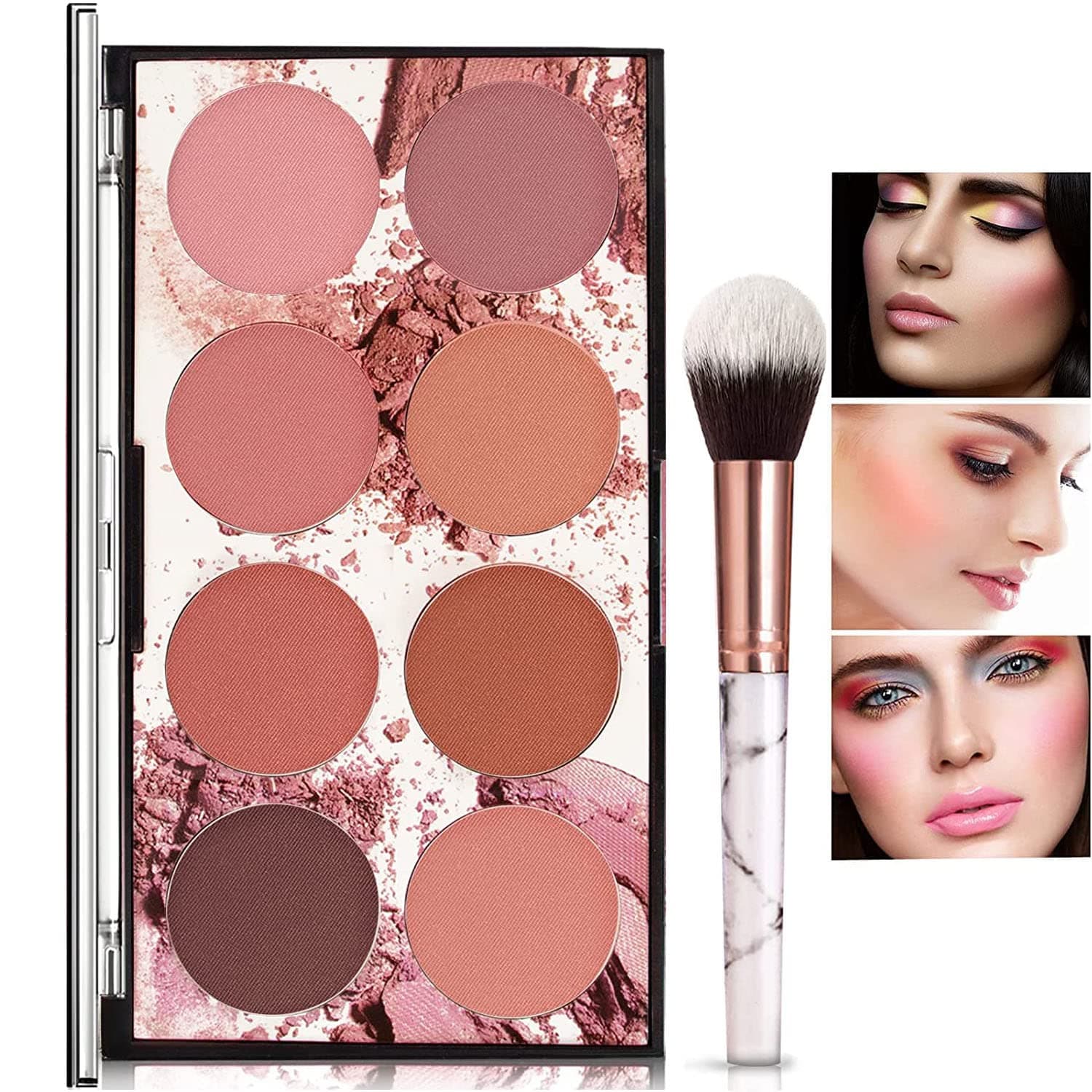 8 Colors Face Blush Palette, Shimmer Matte Blush Highlighter Palette, Contour and Highlighter Blush Palette for All Skin Tone, Professional Facial Makeup Blush Palette with Brush(076N)