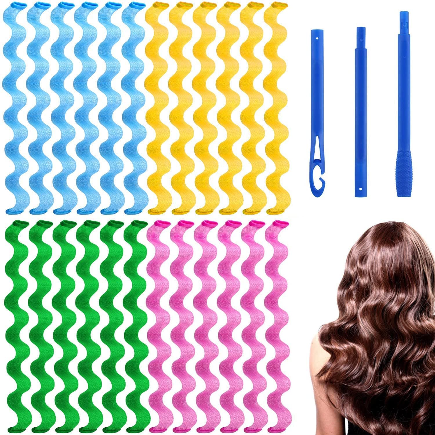 36Pcs Heatless Waves Hair Curlers, Heatless Hair Curler No Heat Wave Hair Curlers Styling Kit with 1 Pieces Styling Hooks for Most Hairstyles (45 cm, 17.7 Inch)