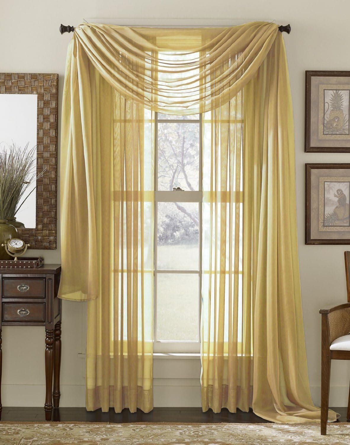 Decotex Beautiful Elegant Solid Gold Sheer Scarf Valance Topper 40" X 216" Long Window Treatment Scarves