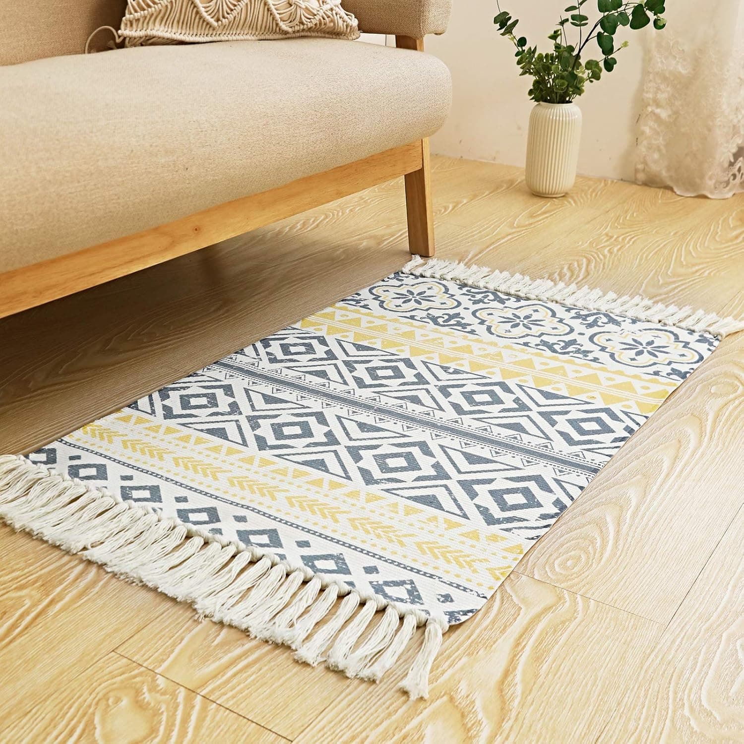 Boho Tassels Area Rugs Hand Chic Woven Fringe Rug Retro Lattice Cotton Bohemian Carpet 23.6×35.4inches Washable Hand-Woven for Layered Door Kitchen Bathroom,1-Pack