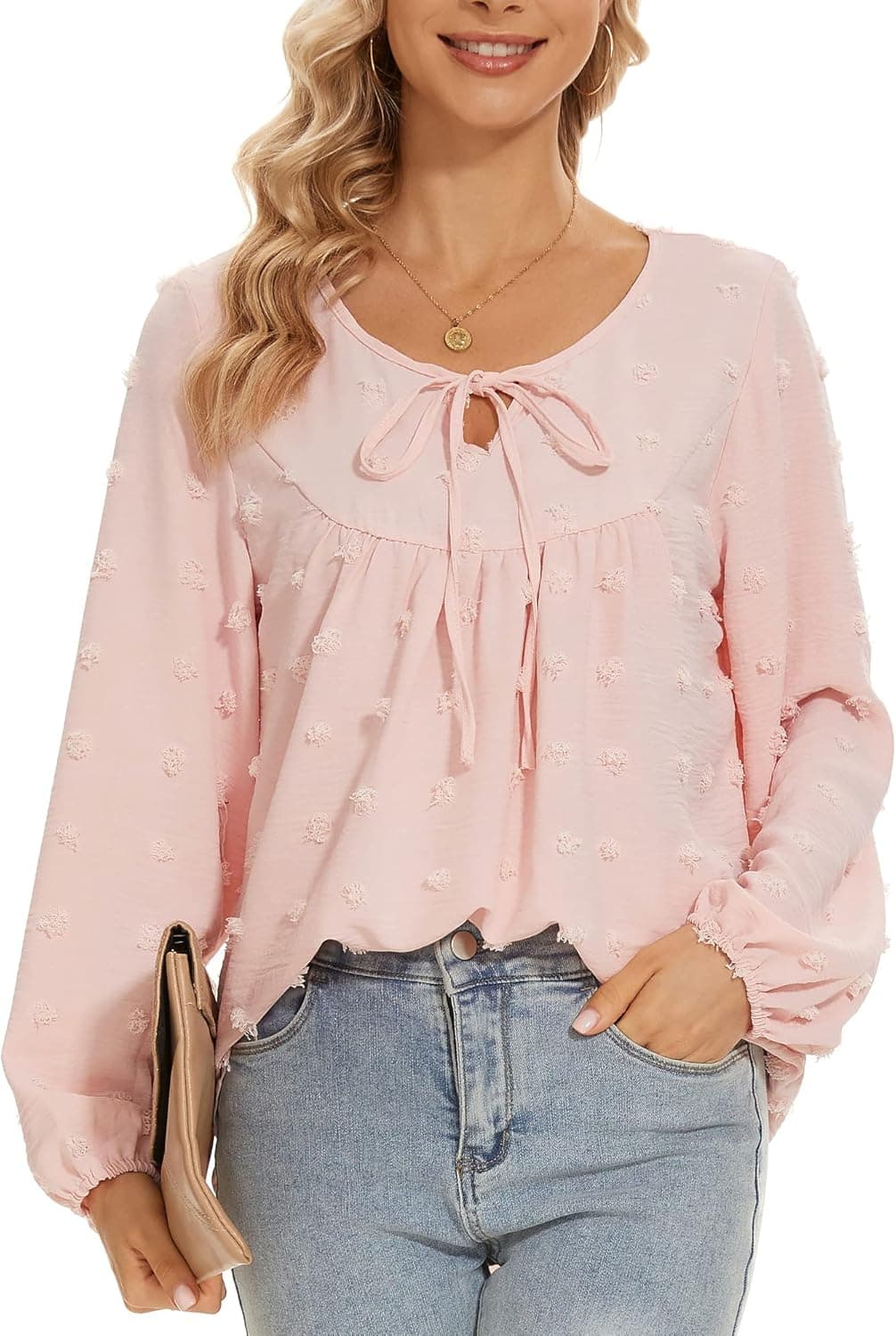 CMDVZLLZ Women’s Casual Loose Blouses Chiffon Solid Boho Floral V Neck Elegant Tops Long Short Sleeve Swiss Dot Cute Shirts