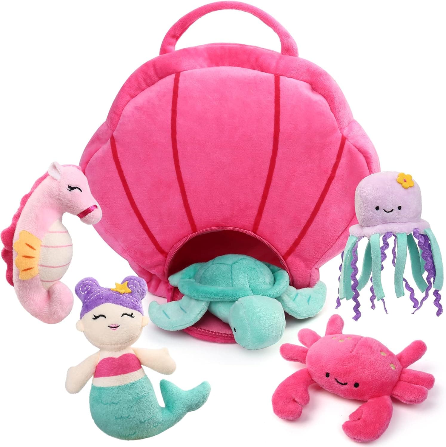 BenBen Ocean Stuffed Animal, 5 Pack Small Sea Creature Plush Toys and Shell Carrying Bag Set, Cute Plushies Easter Gift for Baby Kids, Sea Turtle, Octopus, Mermaid, Seahorse, Crab