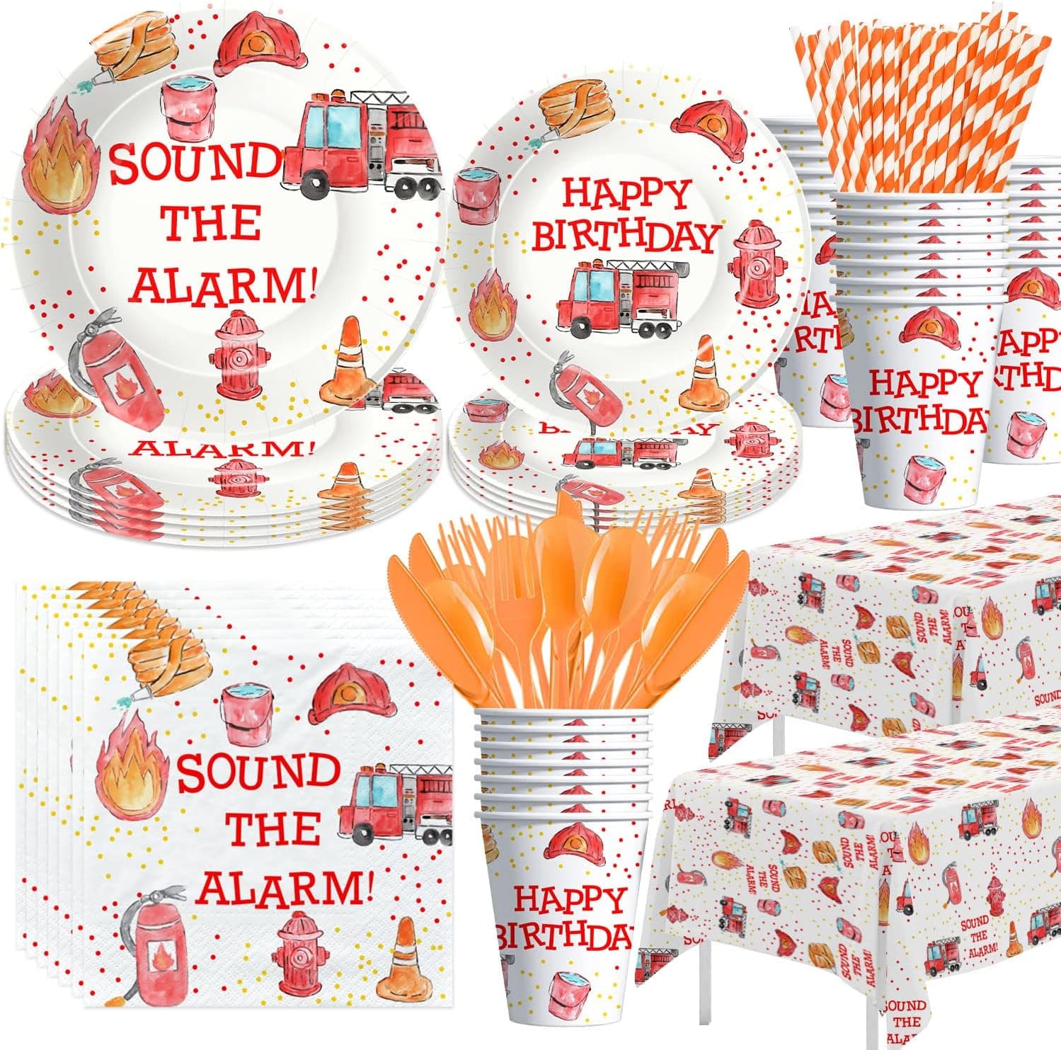 HIPVVILD Fire Truck Birthday Party Supplies Tableware - Firefighter Party Supplies Decorations Include Plates, Cups, Napkins, Tablecloth, Cutlery, Straws, Fireman Birthday Party Supplies | Serve 24