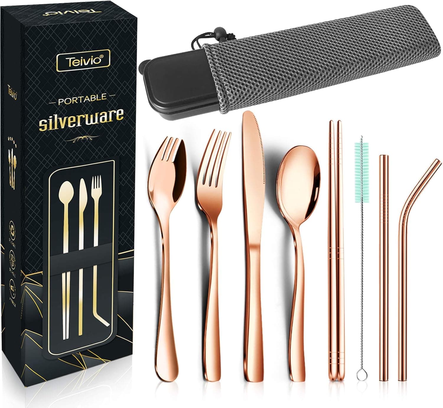 Reusable Utensils with Case - Travel Utensils - Black Portable Flatware Stainless Set with Case and Straw, Straight Straw, Knife, Fork, Spoon (Rose Gold, Portable size)