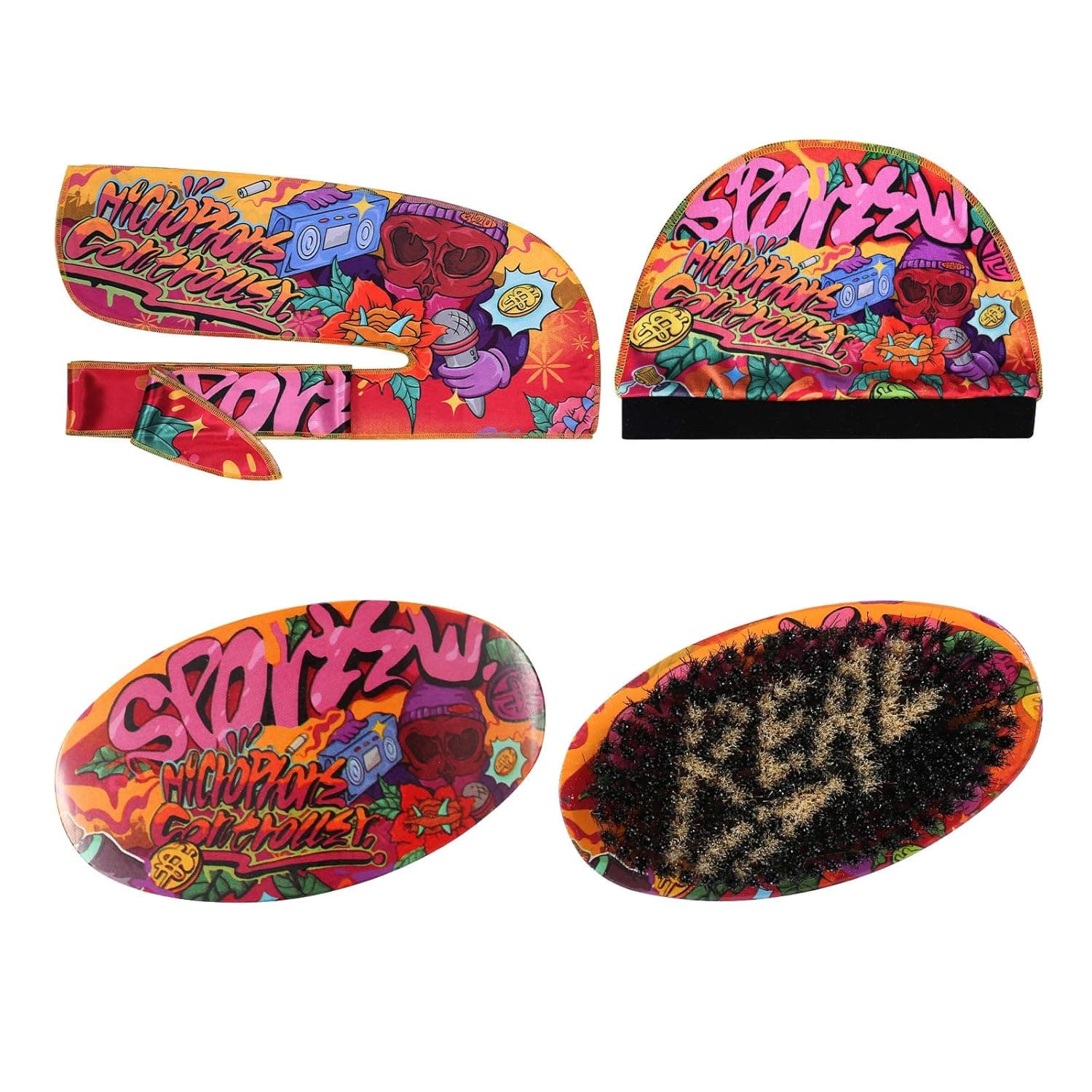 Premium hip-hop pattern medium wave brush with designer durag & wave cap (5.3‘’ medium wave brush & durag wave cap)