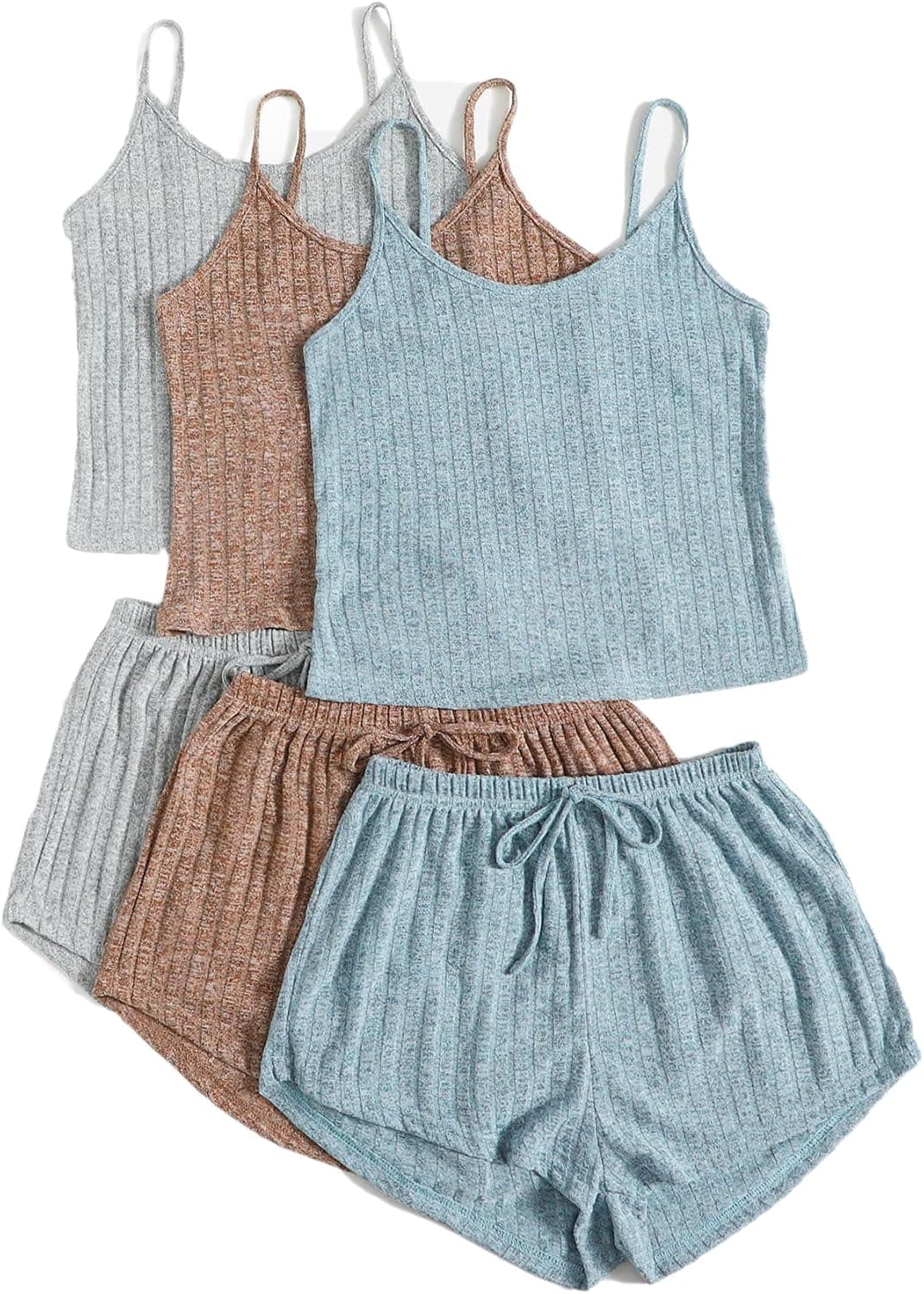 SheIn Women's 3 Sets Rib Knit Lounge Set Crop Cami Top and Tie Front Shorts Sleepwear Pajama Set