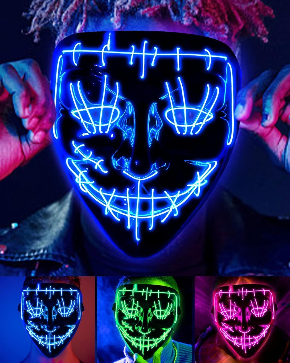 Dodosky Scary Mask, Led Light Up Mask Halloween Mask Cosplay Mask Purge Mask for Halloween Festival Party