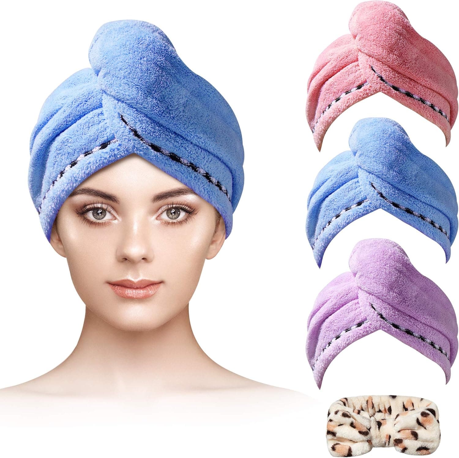 H.VERONNEX Microfiber Hair Towel, 3+1 Pack Hair Turbans for Wet Hair,Ultra Absorbent Quick Dry Hair Turban for Curly Hair Women Anti Frizz (Blue/Purple/Rose Red)