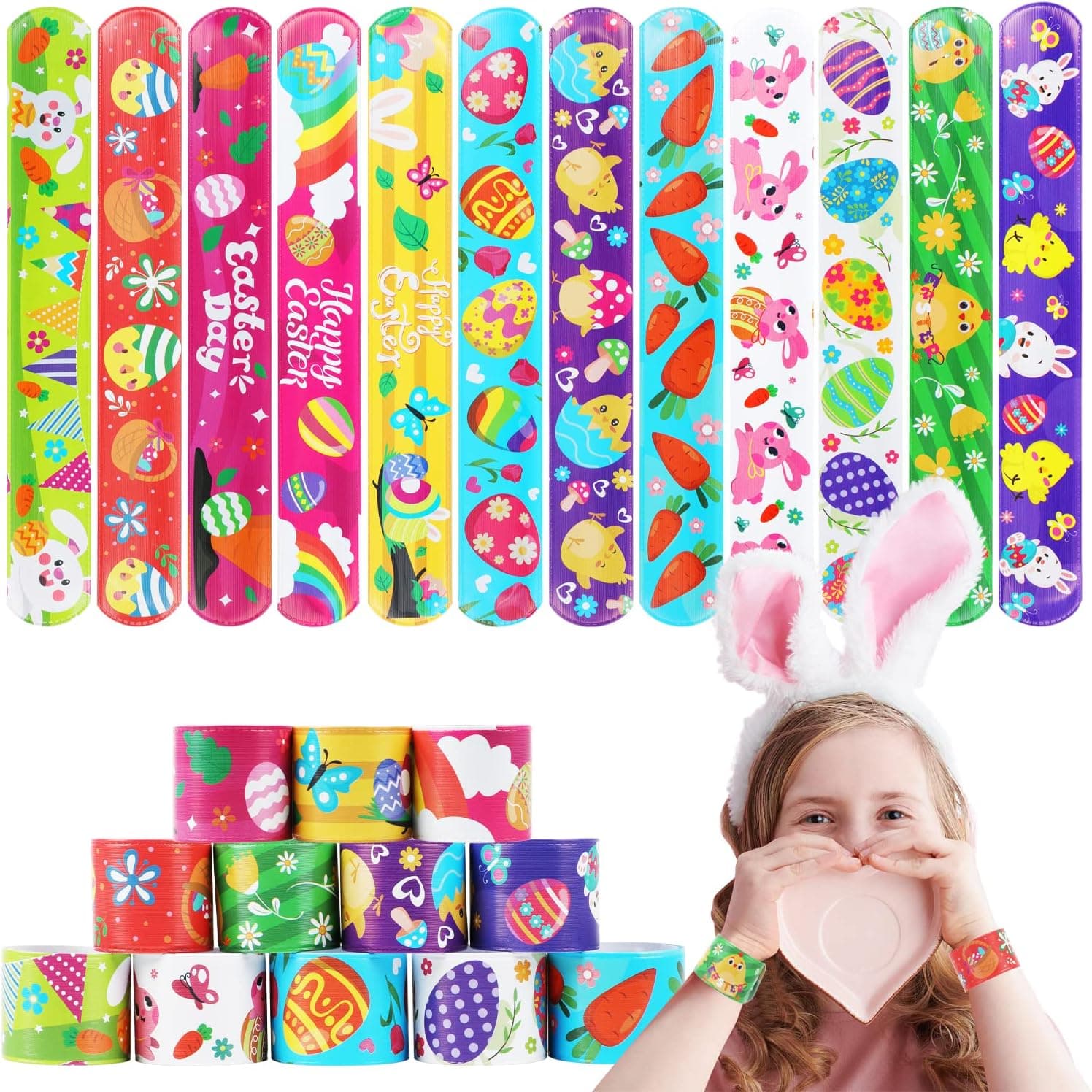 CCINEE 48pcs Easter Slap Bracelets for Kids, Wristband Party Favors Snap Bracelets Bulk Easter Toys Easter Wristbands for Boys Girls Easter Basket Stuffers Egg Fillers Gifts Classroom Prizes