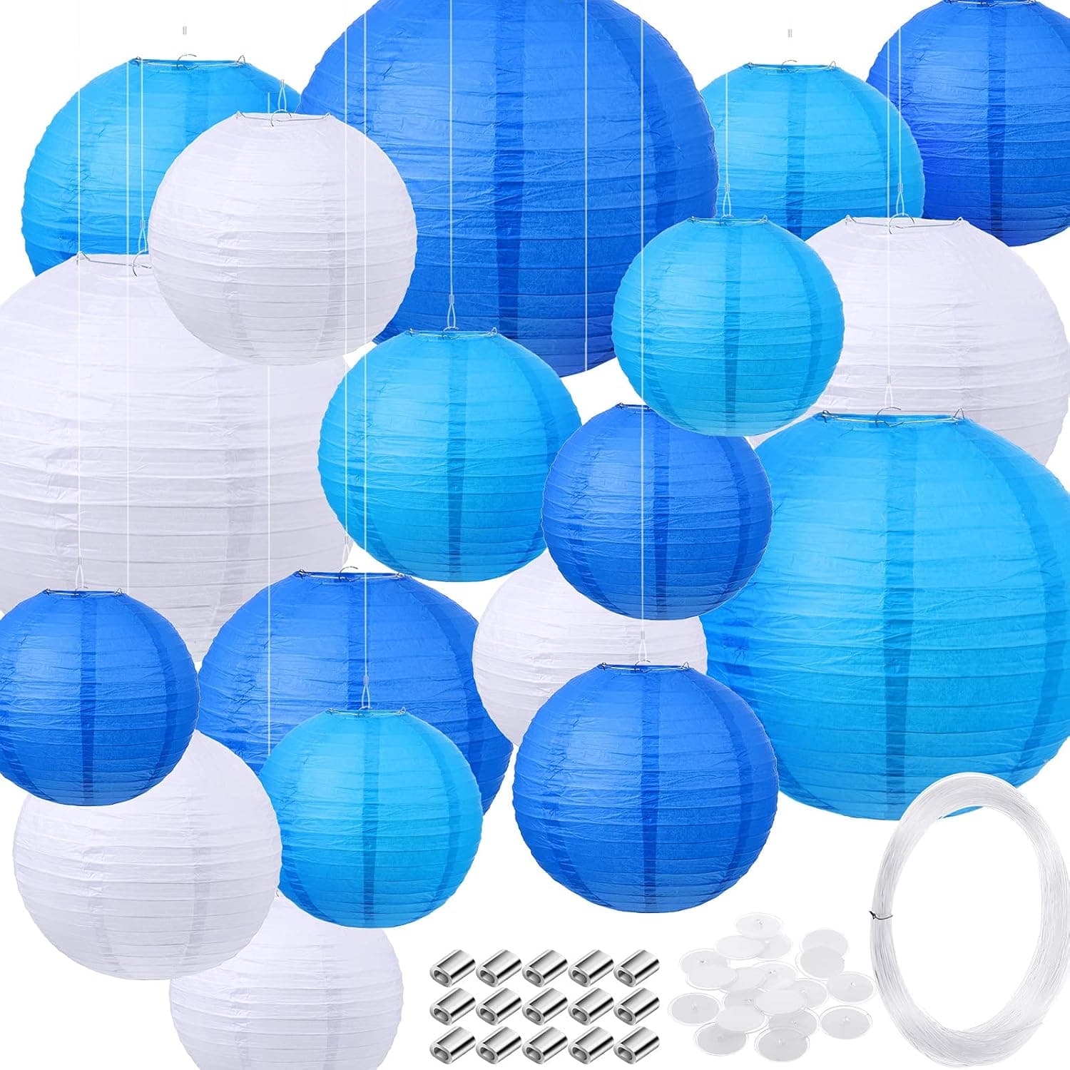 18 Piece Round Chinese Paper Lantern Set, 4/6/8/12 Inches Hanging Chinese Paper Lanterns Round Paper Lamps for Wedding Engagement Bee Party (Dark Blue, Blue, White,4 Inch, 6 Inch, 8 Inch, 12 Inch)