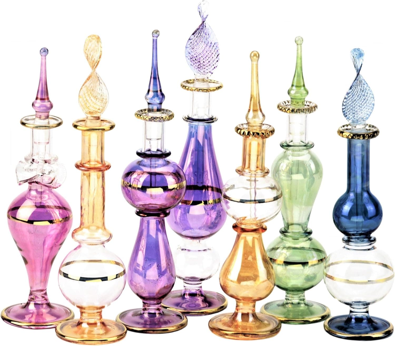 Egyptian Perfume Bottles Wholesale Set Of 12 Size 4” mouth-blown with handmade golden Egyptian decoration for Perfumes & Essential Oils.