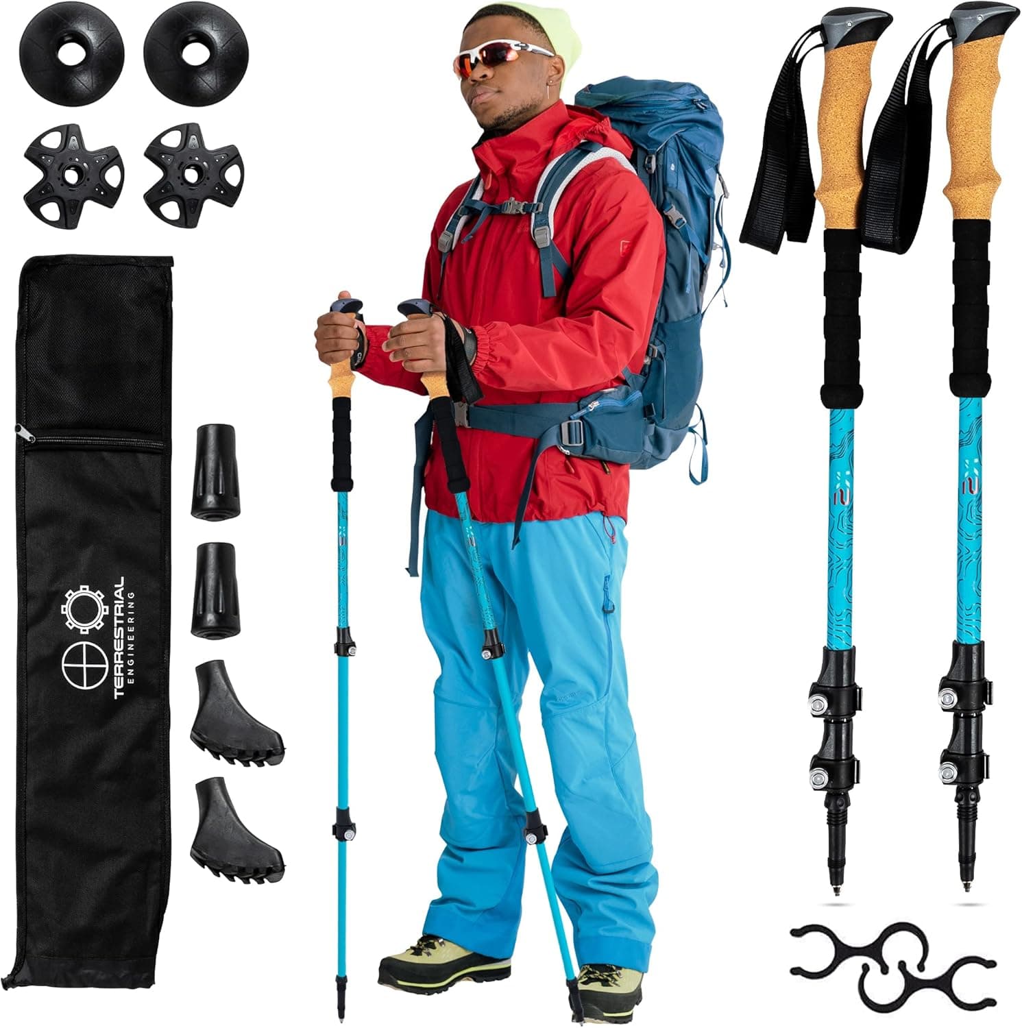 Terrestrial Engineering TE-K2 Hiking Poles - Hardened Aerospace-grade aluminum, ultra-tough, lightweight, and compact. Strengthened flip-locks and reinforced tips, twice the strength of steel. Hiking gear designed for explorers. (Set of 2 poles)
