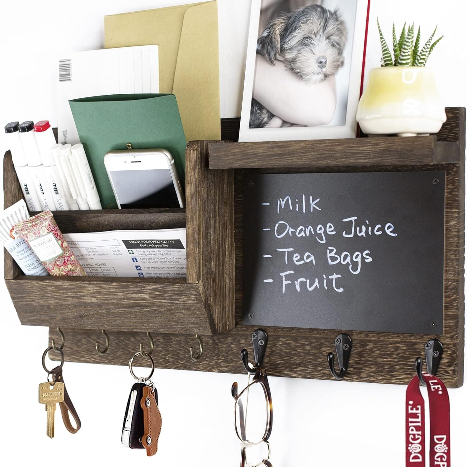 Ziivita Key Holder for Wall - Mail Organizer Wall Mount with Key Hooks - Key Hanger Rack and Dog Leash Holder for Wall Decorative with Shelf Rustic Brown