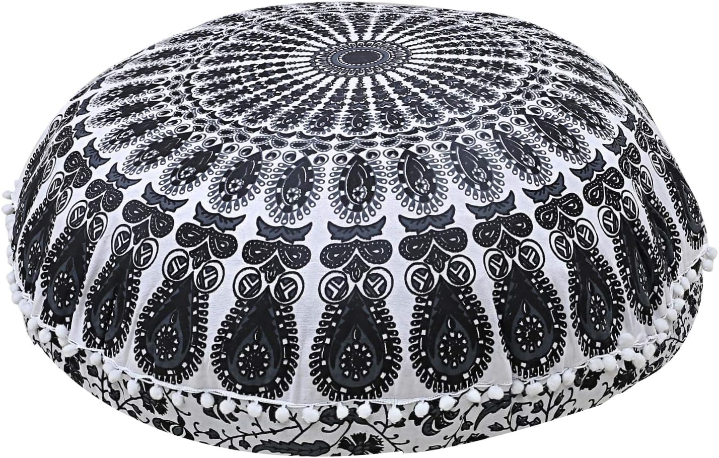 Shubhlaxmifashion Mandala Floor Pillow Cushion Seating Throw Cover Hippie Decorative Bohemian Ottoman Poufs, Pom Pom Pillow Cases,Boho Indian (32 Inches, Black and White)