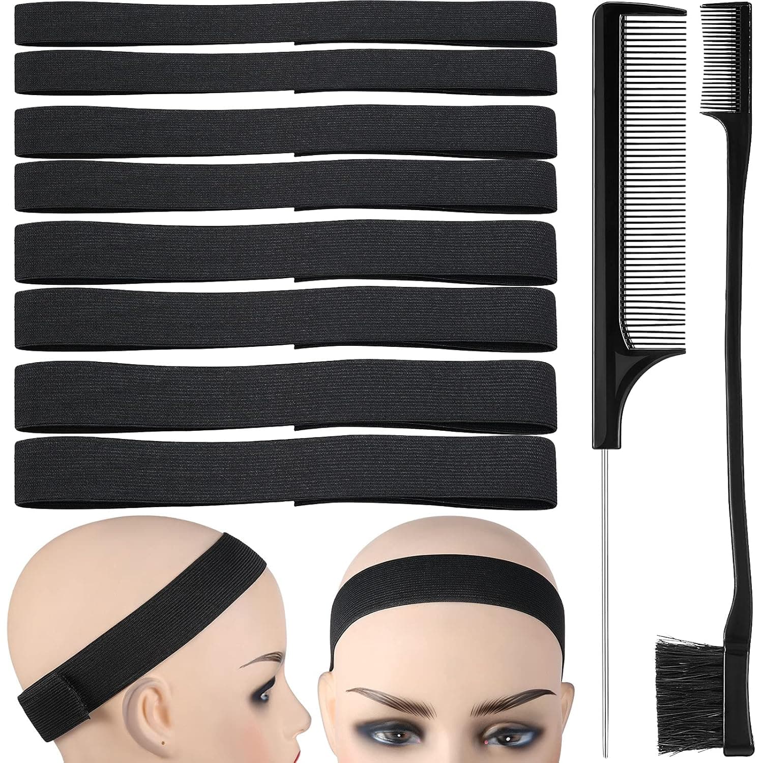 8 Pieces Wig Edge Elastic Band Adjustable Elastic Band for Wigs Salon Edge Grip Band for Making Wig Non-slip Fixing Band, 23.6 Inch Long, with Brush and Teasing Comb (1/1.2/1.4/1.6 Inch)