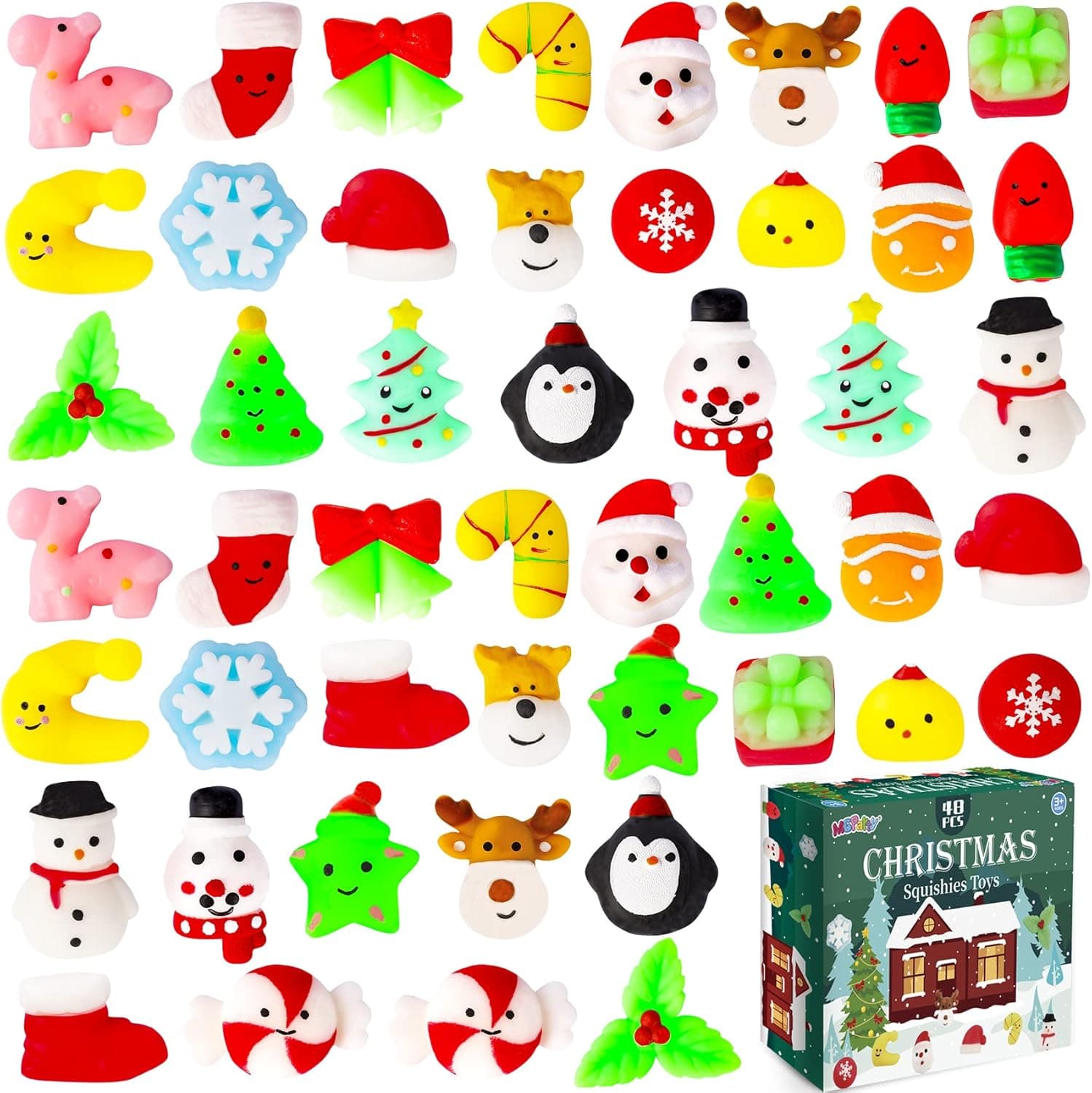 MGparty 48 PCS Christmas Squishies Mochi Squishy Toys for Kids Christmas Stocking Stuffers Party Favor Goodie Bag Filler Bulk