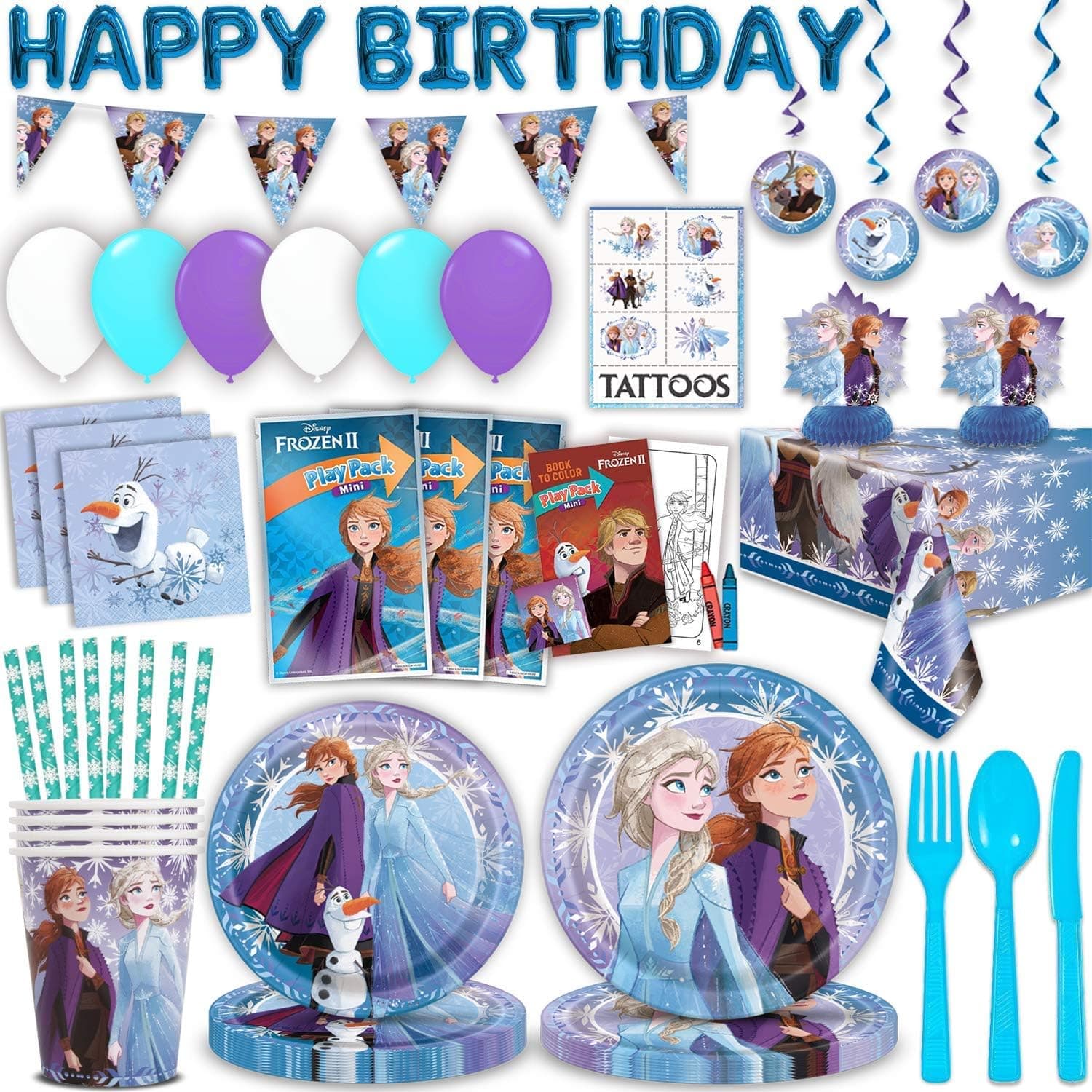 Disney Frozen II Birthday Party Supplies for 16 - Large Plates, Small Plates, Napkins, Cutlery, Cups, Straws, Happy Birthday Balloon Banner, Latex Balloons, Tattoos , Mini Play Packs, Table cover, Centerpieces, Flag Banner, Swirl Decorations