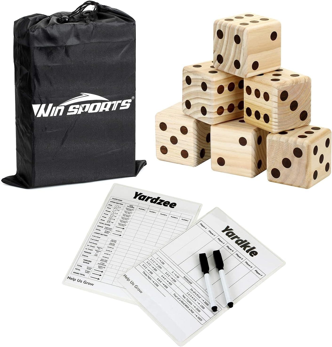WIn SPORTS Giant Yard Dice Game Set,Wooden Classic&Jumbo Dice 3.5",Lawn Game with 2 Double Sided Yardzee Yardkle Scoreboard,2 Dry Erase Marker Pens and Durable Storage Bag
