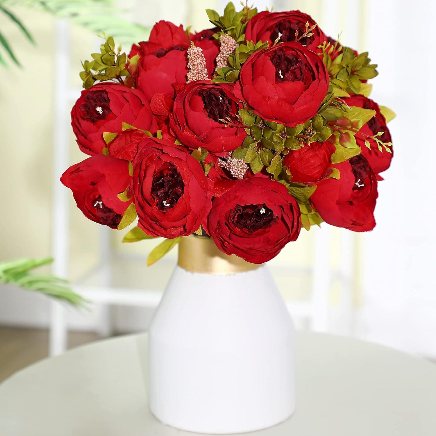 2 Bunches Artificial Silk Peony Vintage Flower Bouquet for Party Home Table Centerpieces Wedding Decoration (Red)