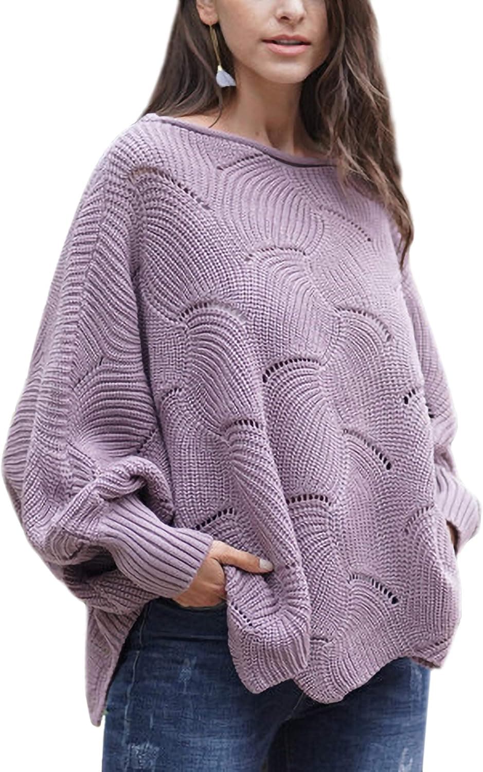 Bonkwa Women's Solid Oversized Irregular Hem Hollow Pullover Batwing Sleeve Jumper Loose Knit Sweater Purple