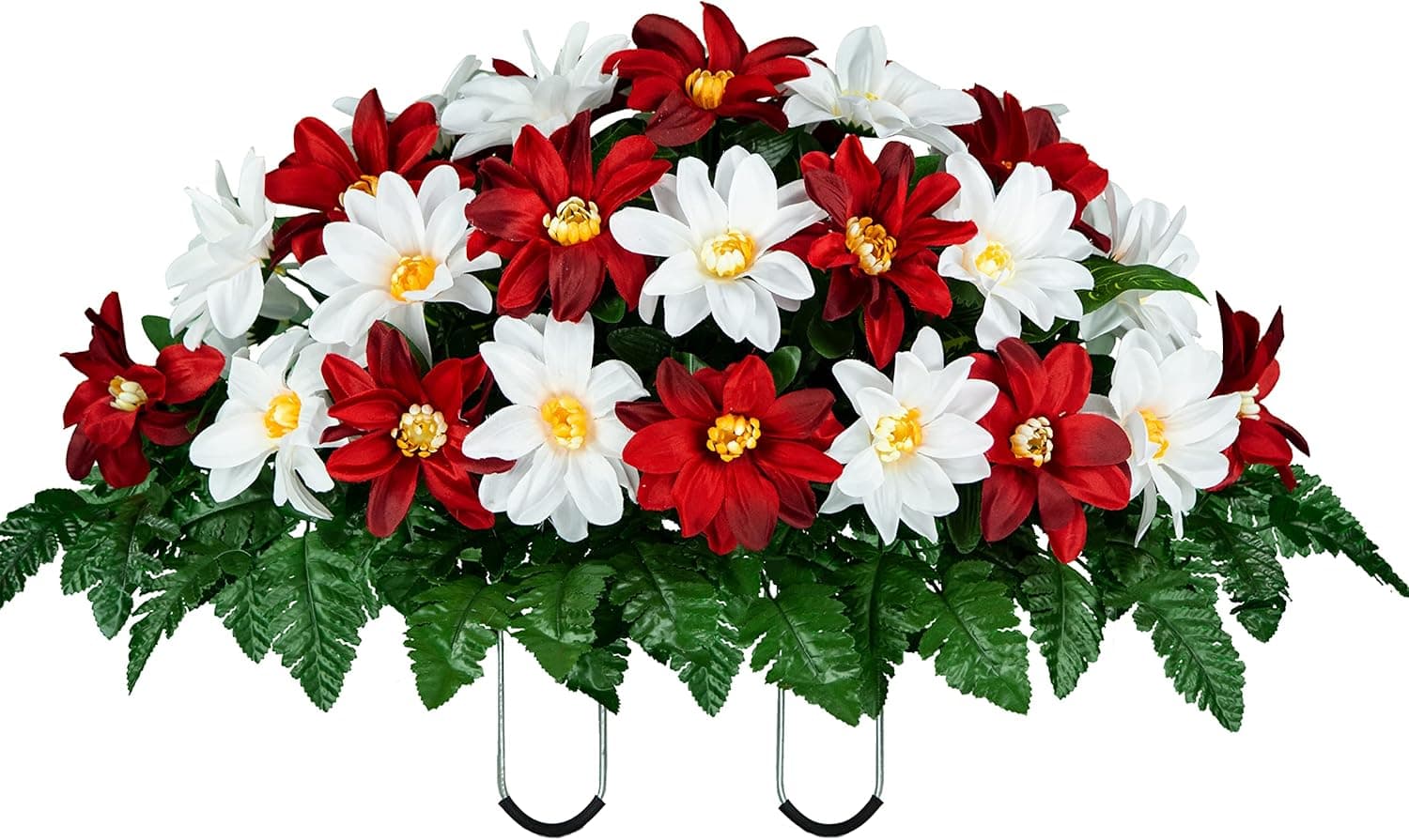 Sympathy Silks Artificial Cemetery Flowers - Realistic - Outdoor Grave Decorations - Non-Bleed Colors, and Easy Fit - Deep Red & White Dahlia Saddle for Headstone